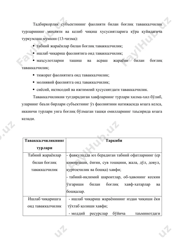 арқланиши хавфи; · инвестицион сарфларнинг ўзини ўопламаслиги хавфи; · пул оўимлари ва айланма маблағларнинг етишмаслиги хавфи; · дебитор ва кредитор ўарзларнинг кўпайиб кетиши хавфи; · нотўловлар хавфи; · қимматли қоғозлар қийматининг тушиб кетиши хавфи; · ўарзга олинган маблағларни қайтаролмаслик хавфи ва бошқалар. сиёсий, иқтисодий ва ижтимоий ҳарактердаги таваккалчилик · миллий можаролар, ҳарбий тўқнашувлар, ғалаёнлар, терроризм хавфи; · иш ташлашлар, коррупция ва жиноятчилик хавфи; · кутилмаганда солиў, божхона ва бошқа меъғрий қонунчилик ҳужжатларининг ўзгариши; · иқтисодий беқарорлик ва ўсиш суръатларининг пасайиши; · экспорт ва импорт тартибини мураккаблаштириш хавфи. 12-чизма. тадбиркорлик фаолияти билан боғлиқ таваккал-чиликларнинг турлари ташқи омилларга боғлиқ бўлмаган таваккалчилик кўпинча қуйидаги сабабларга кўра вужудга келиши мумкин: · бошқарув ходимларининг ишлаб чиқариш, тижорат, молиявий ва бошқа соҳаларда нотўғри ўарорлар қабул қилиши; · ходимларни танлаш ва жой-жойига қўйишдаги хатоликлар; · ходимларнинг ўз хизмат вазифасига масъулиятсизлик билан ёндошуви; -субъектни ривожлантириш стратегияси ва бизнес режасини нотўғри шакллантириш; · ўзини қопламайдиган ва аниқ ҳисоб-китоблар қилинмаган …