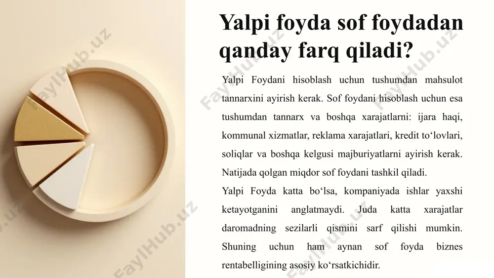 ligini aniq ko‘rsatmaydi, biroq kompaniya resurslardan qanchalik oqilona foydalanayotganini baholashga imkon beradi. agar har bir yo‘nalish bo‘yicha yaf taqqoslansa, qaysi birini rivojlantirish foydaliroq bo‘lishini aniqlash mumkin. 8 yalpi foyda va doimiy ulushi usulining farqi yalpi foyda doimiy ulushi usuli umumiy foyda foydaning taqsimlanishi 9 doimiy ulushi usuli haqida adolat har bir sherikning hissasi teng ravishda hisoblanadi. shaffoflik hisob-kitoblar tushunarli va shaffof bo'ladi. 10 qo'llanilish sohlari 1 kichik biznes oddiy hisob-kitoblar uchun. 2 hamkorlik sheriklar o'rtasida foyda taqsimoti uchun. 3 yirik korxonalar murakkab hisob-kitoblar uchun. 11 e’tiboringiz uchun raxmat 12 image1.png image2.png image3.png image4.png image5.png image6.png image7.png image8.png image9.png image10.png image11.png image12.png image13.png image14.png