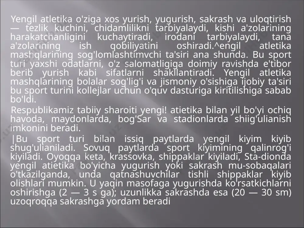 i bo'lishni istasang — yugur, agar chiroyli bo'lishni ista-sang —yugur, agar aqlii bo'lishni xohlasang — yugur", dcgan yozuviar topilgan. ma'lum bo'lishicha, yugurish sportning asosiy turi hisoblangan. yengil atletikada qisqa masofaga (sprinterlik), ya'ni 60, 100, 200, 400 metrga; estafetali — 4 x 100 m, 4 x 200 m, 4 x 400 m li masofaga; o'rta va uzoq masofalarga, ya'ni 1000 m, 1500 m, 2000 m, 3000 m, 5000 m, 10000 in ga (stayerlik) yugurish; marafon (42 km 195 m) yugurish kabi yengil yugurish turlari mavjud. bulardan tashqari, uzoq masofalarga (5 km dan 80 km gacha) ham yuguriladi. mahalliy sharoitda yugurish kross yugurish deb yuritiladi. kollej dasturida, yengil atletika dareiarida qisqa masofalarga (30 — 60 m) va chidamlilikka (1000 m) yugurish tavsiya eti-ladi. tekis yugurish, tekis maydon yoki stadionlarda o'tka-ziladi. yurish yo'lakchasi kamida 80 m bo'lishi zarur (har 15—20 mda. to'xtash masofasi bo'ladi). bunday joylardan qisqa masofalarga yugurish musobaqalari o'tkazishda ham foydalaniladi. …