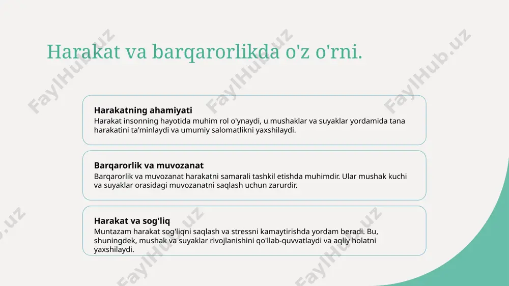 lar va jismoniy o'sish uchun muhimdir. suyaklar kuchli va elastik bo'lishi kerak. bo'g'imlar va harakat bolalik davrida bo'g'imlar juda harakatchan, bu esa bolalarga turli xil harakatlarni oson bajarish imkonini beradi. muvozanat va koordinatsiya rivojlanadi. o'smirlikda mushak va suyak tizimining o'zgarish jarayonlari. 1 o'smirlik davri - o'smirlik davri - bu yoshning 12-18 yosh oralig'ida sodir bo'ladigan, mushak va suyak tizimining tez o'zgarishi jarayonidir. 2 mushaklarning rivojlanishi - o'smirlikda mushaklar tez rivojlanadi, bu esa sport faoliyatida ishtirok etish va jismoniy holatni yaxshilash imkonini beradi. 3 suyaklarning o'zgarishi - suyaklar o'smirlikda tez o'sadi va kuchayadi, bu esa tananing muvozanatini va harakat erkinligini ta'minlaydi, lekin jarohatlarga sezgir. 4 o'zgarishlar ta'siri - o'smirlar mushak va suyak tizimida sodir bo'layotgan o'zgarishlar natijasida hissiy va jismoniy o'zgarishlarni boshdan kechirishadi, bu esa ularning o'zini tutishi va o'ziga ishonchini oshiradi. yosh kattalashganda tayanch harakat sistemasining kuchayishi va zaiflashishi. yosh kattalashganda tayanch harakat sistemasining kuchayishi va zaiflashishi organizmning umumiy holatiga …
