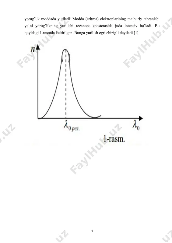 gan kyuveta qalinligiga va yorug’lik yutuvchi modda konsentratsiyasiga to’g’ri proporsional. lg jo / j = k· c· l a = k· c· l yoki a = 10 - k· c· l a- optik zichlik jo- kyuvetaga kiruvchi nur intensivligi j – kyuvetadan chiquvchi nur intensivligi k- yorug’likni yutilish koeffitsienti ( εm yoki e% ) s- konsentratsiya l- kyuveta qalinligi optik zichlikning fizik ma’nosi: kiruvchi va chiquvchi nurlar intensivligi nisbatining logarifmi qiymatiga teng. qonun qat’iy monoxromatik nur uchun to’g’ri keladi. qonundan chetlanish sabablari: 1. kimyoviy muvozanatning siljishi; 2. polixromatik nur qo’llanganda; 3. asbob nosozligi oqibatida bo’lishi mumkin [4,5,6]. 1.2. fotometrik tahlil usullarining qo’llanilishi va mohiyati fotokolorimetriya – tekshiriluvchi eritmadan, monoxromatik bo’lmagan nur intensivligini fotoelektrokolorimetrda (fek) fotoelement yordamida o’lchashga asoslangan. mohiyati: yorug’lik manbaidan (cho’lg’am lampa) chiqayotgan aralash oq nur rangli shishachalar (nursuzgich) yordamida monoxromatlanadi va tekshiriluvchi eritma quyilgan kyuvetadan o’tkazilib, detektorda, ya’ni fotoelementda o’lchanadi. hozirgi vaqtda bir nurli va ikki nurli fek …