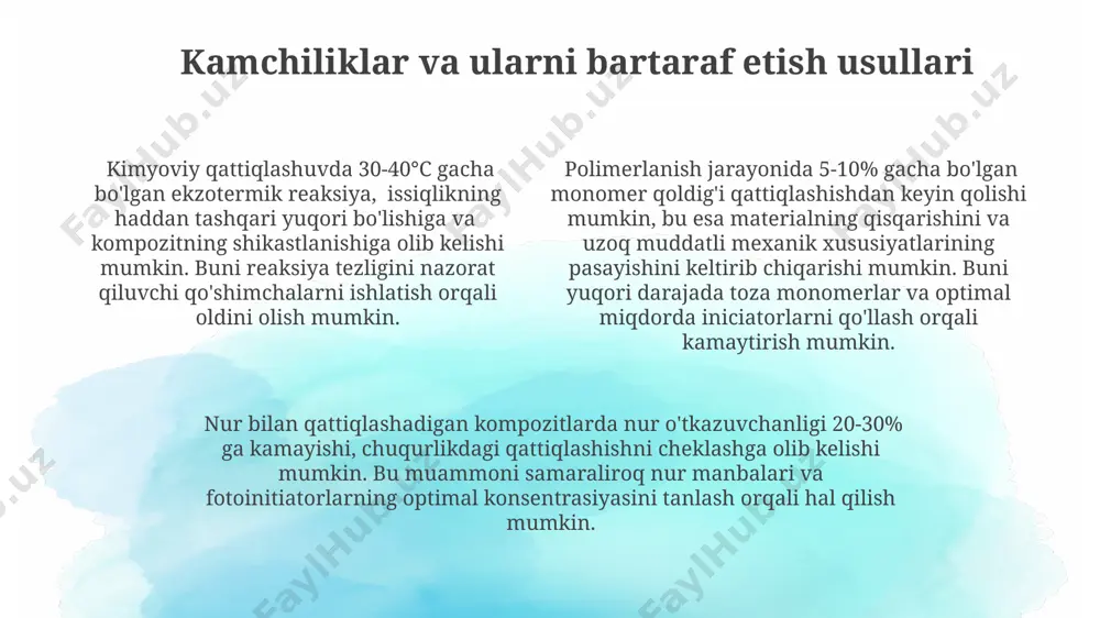 ko'rsatadi, masalan, 1000 dan 1000000 gacha kda. polimerlanish jarayoni monomerlarning 90% dan ortiq qismini o'z ichiga olgan yuqori molekulyar birikmalar hosil bo'lishi bilan tavsiflanadi va bu reaksiya tezligi katalizatorlar va aktivatorlar ta'siriga bog'liq. e'tiboringiz uchun rahmat @taqdimot_robot image1.png