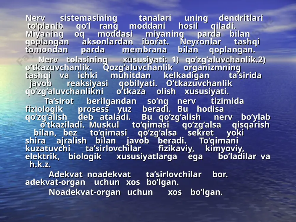 alish o’chog’ini hosil qiladi va shartli refleks markazini tormozlaydi. bunday ta’sirlovchilarga turli tovushlar, xonadagi yorug’lik, shamol va boshqalar kiradi. tashqi tormozlanishi hosil qiladigan ta’sirlovchilar shartsiz ta’sirlovchi deb nomlangan. masalan: dars vaqtida ko’chadan avtomobil ovozi eshitilganda o’quvchining diqqati buziladi. shartli tormozlanish- hayot davomida asta-sekin paydo bo’ladi. sunuvchi, qiyosiy va kechikuvchi turlarga bo’linadi. sunuvchi- agar odam egallagan bilim, hunar kasbini uzoq vaqt takrorlab turmasa, uning esidan chiqadi. adabiyotlar: sodiqov k.s. “o`quvchilar fiziologiyasi va gigiyenasi” t. o`qituvchi 1992 yil. galperin s.n. “bolalarning fiziologik hususiyatlari” m. prosveshenie. temkin b.n. “maktab gigiyenasi” t. o`qituvchi 1972 yil. sharipova d.j., vohidova r.g. “o`quvchular toliqishini oldini olish” t. medisina 1986 yil. matyushonok i.t. “boshlang`ich maktab o`quvchilarining anatomiya – fiziologiya va gigienasi” t.o`qituvchi 1972 yil. qodirov u.z. “odam fiziologiyasi” abu ali ibn sino nomidagi tibbiyot nashriyoti t. 1996 yil. aminov b., tilavov t. “odam va uning salomatligi” t. o`qituvchi 1993 yil. e’tiboringiz uchun rahmat.