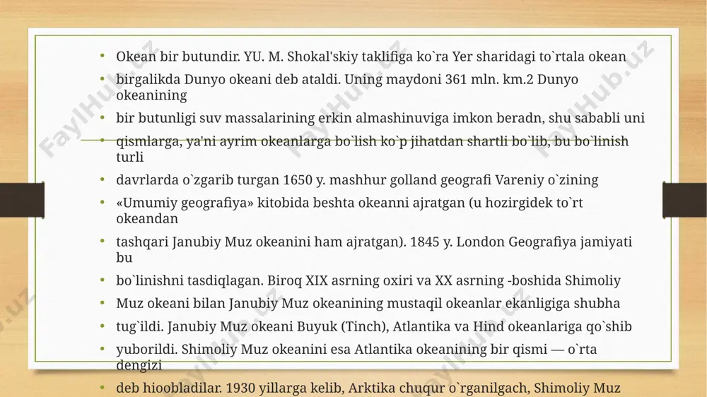 iloddan oldingi davrlarda finikiyaliklar, arablar, rimliklar okean suvlarida suzishgan. buyuk geografik kashfiyotlar davrida b. diash, x. kolumb, j. kabot, vasko da gama, f. magellan, j. kuk va boshqalar sayohatlari atlantika okeani haqida ko‘plab ma’lumotlar berdi. okeanning tabiat mintaqalari. atlantika okeanining o‘rta qismida ekvatorial mintaqa joylashgan. bu mintaqaning yillik yog‘in miqdori 1 770 mm ga va suvning o‘rtacha sho‘rligi 35 ‰ ga teng. undan shimolda va janubda tropik, subtropik, mo‘tadil, subqutbiy va bitta qutbiy mintaqalarning bepoyon suvlari joy- lashgan. subtropik va tropik mintaqalarda yog‘ingarchilik kam bo‘lganligi tufayli ular suvining sho‘rligi biroz ko‘tariladi. shimoliy subtropik mintaqada tabiati o‘ziga xos bo‘lgan sargasso dengizi joylashgan. dengiz suvining sho‘rligi 37 ‰ ga teng, harorati qishda 23 °c ni va yozda 28 °c ni tashkil etadi. hind okeani. asosiy xususiyatlari. eng sho‘r okean, eng issiq ko‘rfazi mavjud, eng katta suvosti deltasi bor, cho‘kindi jinslar eng qalin (5,5 km, gang deltasi), asosiy qismi janubiy yarimshar- da, o‘simlik …