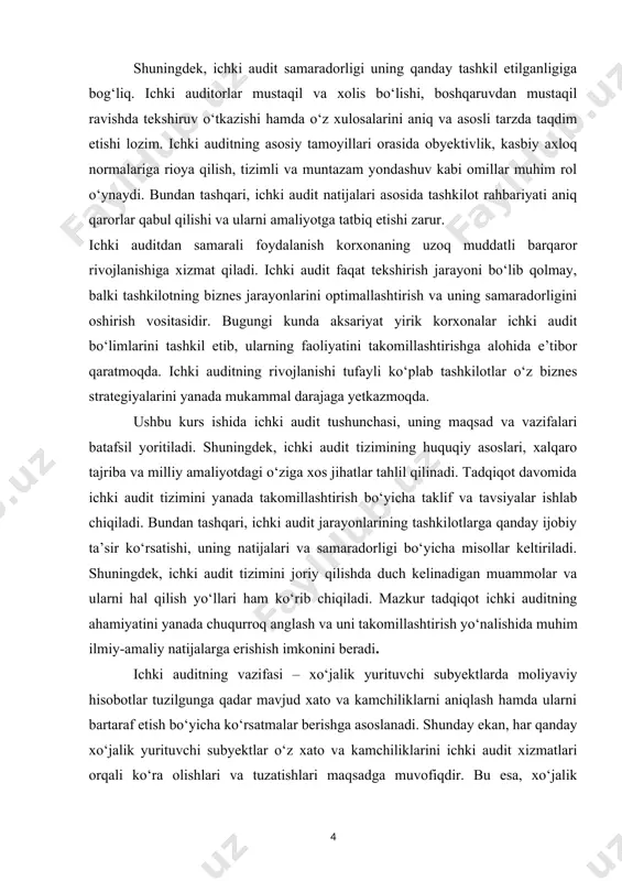 gi tashkilotlarda qo'llanilishi bo'yicha har tomonlama tushuncha berishga qaratilgan. 1. ichki audit tushunchasi va uning ahamyati, maqsad vazifalari ichki audit – bu tashkilotning moliyaviy va operatsion faoliyatini nazorat qilish, tahlil qilish va baholash jarayoni bo‘lib, u tashkilot ichida mustaqil va ob’ektiv kafolat hamda maslahat xizmatini ko‘rsatadi. ichki auditning asosiy maqsadi – tashkilotning samarali faoliyat yuritishini ta’minlash, moliyaviy va operatsion jarayonlarni takomillashtirish hamda ichki nazorat tizimining ishonchliligini baholashdan iborat. ichki audit buxgalteriya hisobi, moliyaviy boshqaruv, huquqiy muvofiqlik, hamda tavakkalchiliklarni boshqarish kabi yo‘nalishlarni qamrab oladi. ichki auditning asosiy vazifalari ichki nazorat tizimini baholash – tashkilotning moliyaviy hisoboti va operatsion jarayonlarining ishonchliligini tekshirish.tavakkalchiliklarni aniqlash va kamaytirish – korxona duch kelishi mumkin bo‘lgan moliyaviy va operatsion xatarlarni tahlil qilish va ularga qarshi choralar ishlab chiqish. ish faoliyatini samaradorligini oshirish – kompaniyaning resurslaridan samarali foydalanishini ta’minlash. huquqiy muvofiqlikni tekshirish – tashkilotning davlat qonunlari va ichki qoidalariga rioya qilishini nazorat qilish. moliyaviy hisobotlarning ishonchliligini ta’minlash – …