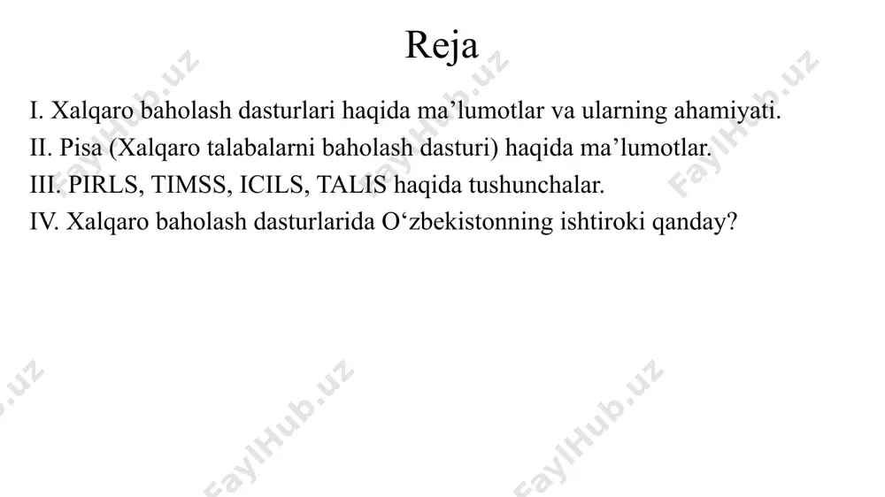 limdagi tengsizlikni kamaytirish uchun maqsadli dasturlar ishlab chiqiladi. i. xalqaro baholash dasturlari haqida ma’lumotlar va ularning ahamiyati. 5. o‘quvchilarni kelajakdagi muammolarga tayyorlash dasturlar o‘quvchilarning zamonaviy dunyoda zarur bo‘lgan ko‘nikmalarni egallash darajasini baholaydi. raqamli savodxonlik, muammolarni hal qilish qobiliyati va tanqidiy fikrlash kabi ko‘nikmalar rivojlanishini kuzatadi. 6. o‘qituvchilarning rolini oshirish talis kabi dasturlar o‘qituvchilar faoliyatiga alohida e’tibor qaratadi. o‘qituvchilarning ish sharoitlari va malaka oshirish bo‘yicha zarur tavsiyalar ishlab chiqiladi. i. xalqaro baholash dasturlari haqida ma’lumotlar va ularning ahamiyati. 7. ta'lim sohasidagi innovatsiyalarni rag‘batlantirish zamonaviy texnologiyalar va innovatsion yondashuvlarning ta’lim jarayonidagi samaradorligi baholanadi. davlatlar yangi o‘quv metodikalarini joriy qilish imkoniga ega bo‘ladilar. 8. mamlakatlar o‘rtasidagi hamkorlikni kuchaytirish baholash natijalari mamlakatlar o‘rtasida tajriba almashish va ta’lim sohasida xalqaro hamkorlikni rivojlantirishga yordam beradi. bu global ta’lim tizimining yaxshilanishiga hissa qo‘shadi. endi esa hozirgi kundagi global hisoblangan xalqaro baholash dasturlari bilan batafsil tanishib chiqamiz. i. xalqaro baholash dasturlari haqida ma’lumotlar va ularning ahamiyati. 7. ta'lim …