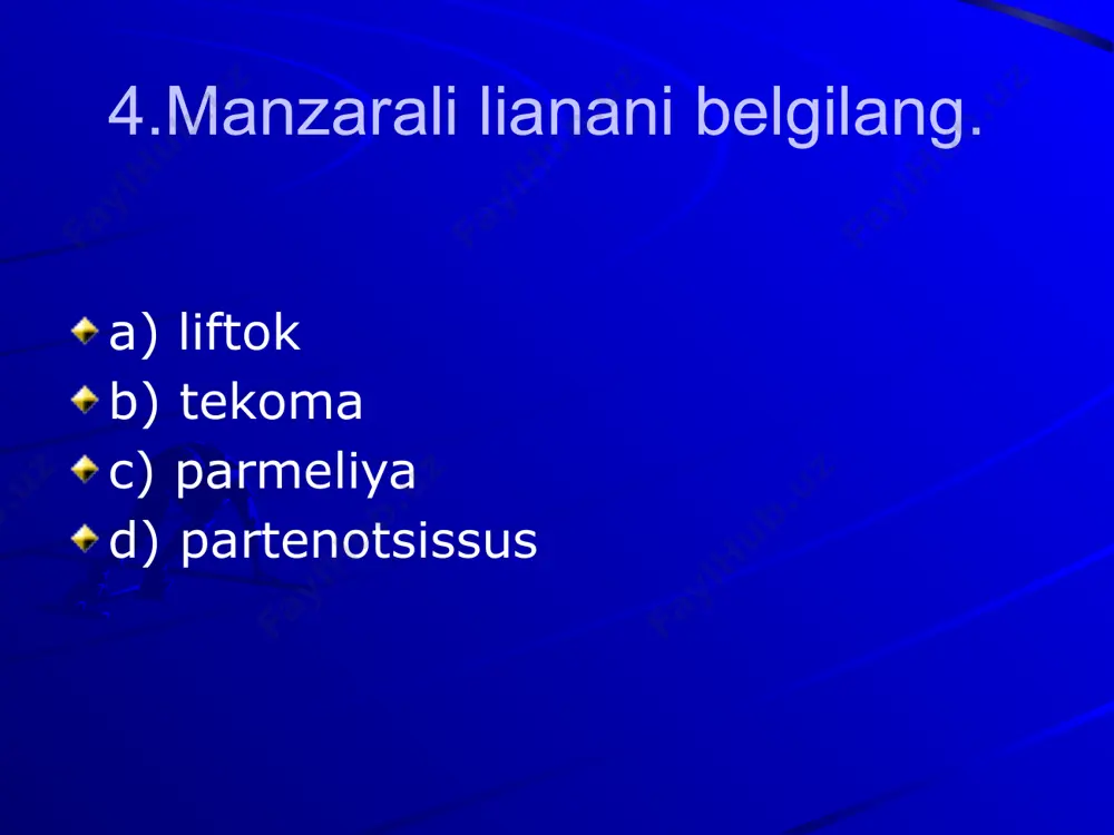 simliklarning ayrim turlari, hamjamoalari o`rganiladi va muhofaza qilinadi d) aholi dam olishi, sog`lomlashtirish va estetik zavq olish maqsadlarida foydalaniladi 51.tabiiy landshaftlar muhofaza qilinadigan maydonlar nima deyiladi? a) qo'riqxona b) buyurtmaxona c) milliy bog' d) tabiiy yodgorliklar audio1.wav image1.png