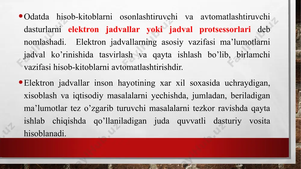 ob 1) nomi bilan yangi hujjat hosil qilishni taklif etadi. tavsiya etilgan kitobda 1 ta varaq (2013 va undan yuqori versiyalarida oldingi versiyalarida 3 ta varoq mos ravishda list1, list2, list3) bo’lib, zaruratga qarab yangi varoqlar qo’shish mumkin bo’ladi. elektron jadvallar — ustun va satrlarning birlashmasidan iborat jadval bo’lib, satr va ustun kesishmasi katakcha yoki yacheyka deb ataladi. varaqlardagi ustunlar lotin alifbosi harflari bilan tartiblanadi, ya’ni a, b, ... , z, aa, ab, ... . satrlar 1 dan to 1048576 (2013, 2016, 2019 versiyalarida) gacha bo’lgan natural sonlar yordamida tartiblanadi va har bir katak ustunlar va satrlar birlashmasi sifatida a1, f241, abc15, … kabi adreslanadi. elektron jadvallarda yana katakchalar bloki tushunchasi bo’lib, u jadvaldagi katakchalardan iborat ixtiyoriy to’rtburchak yoki to’rtburchaklar to’plamidir. masalan, a5:b7 — bloki a5, a6, a7, b5, b6, b7 katakchalarni, m3:m8 blok m3, m4, m5, m6, m7, m8 katakchalarni o’z ichiga oladi. formula — katakchaga kiritilayotgan “=” (tenglik) …