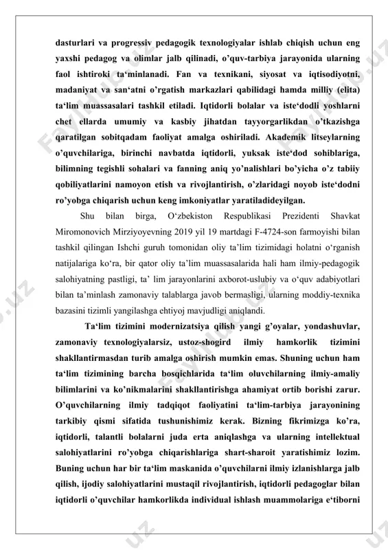 uslubiy va o‘quv adabiyotlari bilan ta’minlash zamonaviy talablarga javob bermasligi, ularning moddiy-texnika bazasini tizimli yangilashga ehtiyoj mavjudligi aniqlandi. ta‘lim tizimini modernizatsiya qilish yangi g’oyalar, yondashuvlar, zamonaviy texnologiyalarsiz, ustoz-shogird ilmiy hamkorlik tizimini shakllantirmasdan turib amalga oshirish mumkin emas. shuning uchun ham ta‘lim tizimining barcha bosqichlarida ta‘lim oluvchilarning ilmiy-amaliy bilimlarini va ko’nikmalarini shakllantirishga ahamiyat ortib borishi zarur. o’quvchilarning ilmiy tadqiqot faoliyatini ta‘lim-tarbiya jarayonining tarkibiy qismi sifatida tushunishimiz kerak. bizning fikrimizga ko’ra, iqtidorli, talantli bolalarni juda erta aniqlashga va ularning intellektual salohiyatlarini ro’yobga chiqarishlariga shart-sharoit yaratishimiz lozim. buning uchun har bir ta‘lim maskanida o’quvchilarni ilmiy izlanishlarga jalb qilish, ijodiy salohiyatlarini mustaqil rivojlantirish, iqtidorli pedagoglar bilan iqtidorli o’quvchilar hamkorlikda individual ishlash muammolariga e‘tiborni yanada orttirish lozim. iqtidor sohiblari mustaqil ijodiy ishlash ko’nikma va malakalari bo’lmagani uchun bilimli va tajribali ustozga muxtoj bo’ladilar. bu holat, bir tomondan, tajribali ustozlardan ilmiy tadqiqot ishlariga moyilligi bor o’quvchilarni aniqlash va qullab-quvvatlash, ularning intellektual, ijodiy salohiyatlarini rivojlantirishni, ikkinchi tomondan, …