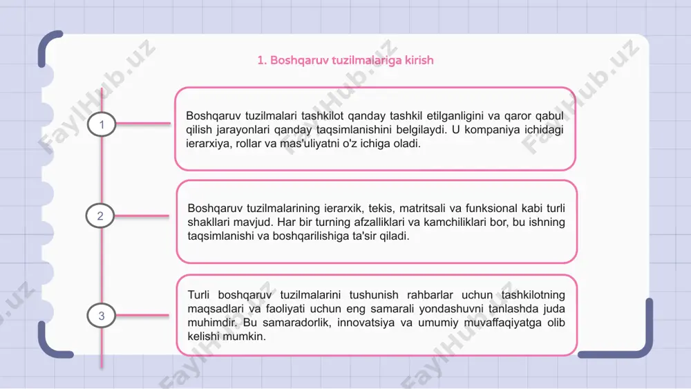arini rag'batlantiradigan turli ko'nikmalar to'plamlari, resurslari va istiqbollaridan foydalanishlari mumkin. 1 2 3 7. yassi tashkiliy tuzilmalar yassi tashkiliy tuzilmalar o'rta boshqaruvning bir necha darajalari yoki umuman yo'qligi bilan tavsiflanadi, bu markazlashmagan qarorlar qabul qilish va xodimlarning mustaqilligini oshirishga olib keladi. ushbu turdagi boshqaruv tuzilmasi moslashuvchanlik va moslashuvchanlikni kuchaytirib, ochiq muloqot, tezkor qaror qabul qilish va hamkorlikda ish muhitini ta'minlaydi. yassi tuzilmalardagi xodimlar, odatda, ko'proq mas'uliyat va vakolatlarga ega bo'lib, tashkilot ichida mulkchilik va vakolatlarni kuchaytiradi. 8. funktsional boshqaruv tuzilmasi funktsional boshqaruv tuzilmasi xodimlarni marketing, moliya va operatsiyalar kabi muayyan ish funktsiyalari bo'yicha tashkil etishga asoslangan. bu har bir sohada ixtisoslashuv va tajribaga ega bo'lish, tashkilot ichidagi samaradorlik va samaradorlikni oshirish imkonini beradi. biroq, bo'limlar o'rtasida aloqa qiyin bo'lishi mumkin va turli funktsiyalar o'rtasida muvofiqlashtirish va hamkorlik etishmasligi mumkin. 9. bo‘linma boshqaruv tuzilmasi bo'linma boshqaruv tuzilmasi xodimlarni mahsulot, bozor yoki geografik bo'linmalar asosida guruhlarga ajratadi. har bir bo'lim o'zining funktsional …