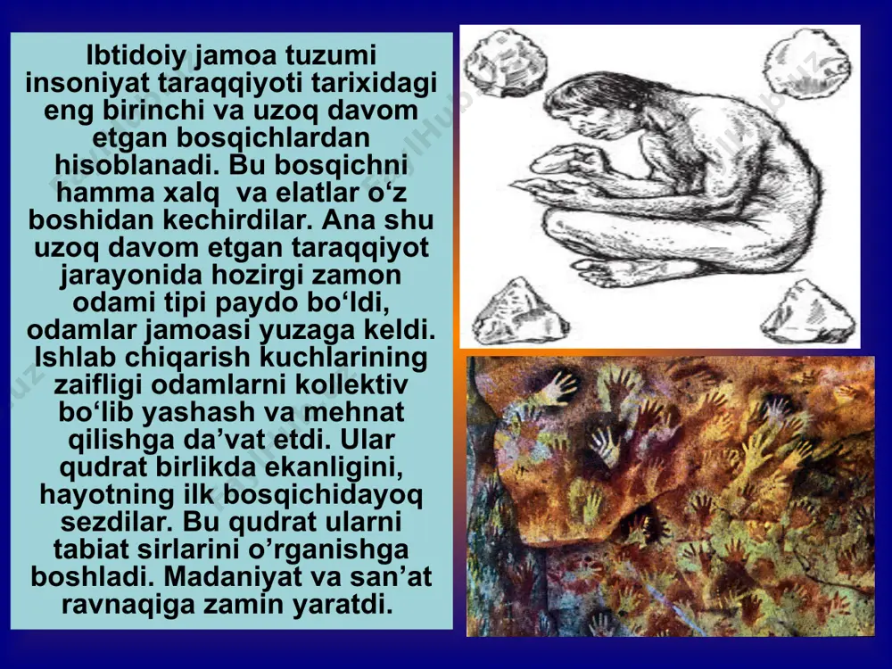 larning (mehnat va ov qurollari) ixcham, qulay bo‘lishiga e’tibor kuchaydi. o‘q, kamon-yoy, qayiqlarning ixtiro qilinishi ibtidoiy jamoa kishisining hayoti yanada yaxshilanishini ta’minladi. odamlar yog‘och, qamishdan foydalanib, o‘zlariga kerakli buyumlar yasay boshladilar. сюжеты наскальных изображений мезолита и неолита: 1 — фрагмент фрески зараут-сая (узбекистан); 2 — сцена охоты на оленей (испания); 3, 5 — петроглифы (онежское озеро); 4, 6 — петроглифы (белое море) изделия из оленеостровского могильника: 1-3 — фигурки человека (дерево); 4, 5 — подвески из зубов животных; 6, 7 — изображения змей (дерево); 8 — наконечник копья с лезвиями-вкладышами; 9 — изделие с навершием в виде головы лося (дерево); 10, 12 — навершия в виде головы лося (дерево); 11 — орнаментированная кость; 13 — стрелы sharqiy ispaniya, kavkaz, o‘rta osiyodan topilgan suratlar diqqatga sazovordir. “kiyiklarni ovlash” (ispaniya) suratlarida obrazlar shartli (kamon otayotgan ovchilarda bu shartlilik yaqqol seziladi), sxematik, o‘ta soddalashtirilgan holda tasvirlangan. lekin bu shartlilik rassom aytmoqchi bo‘lgan fikrni …