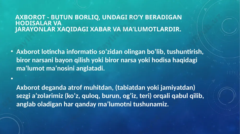 stemalarida sonlarni belgilash uchun arab raqami belgilaridan foydalaniladi. masalan, beshlik sanoq sistemasida 0, 1, 2, 3, 4 raqamlari, yettilik sanoq sistemasida esa 0, 1, 2, 3, 4, 5, 6 raqamlaridan foydalaniladi hisoblash texnikasida va dasturlashda asosi 2, 8 va 16 ga teng bo‘lgan sanoqsistemalari qo‘llaniladi. shunday qilib, o‘n ikkilik sanoq sistemasida raqamlar 0, 1, 2, 3, 4, 5, 6, 7, 8, 9, a, b kabi; o‘n oltilik sanoq sistemasida esa 0, 1, 2, 3, 4, 5, 6, 7, 8, 9, a, b, c, d, e, f kabi yoziladi. kompyuterlarda boshqa sanoq sistemalaridan quyidagi imkoniyatlari bilanfarqlanuvchi ikkilik sanoq sistemasidan foydalaniladi: uni ishlashini tashkil etish uchun ikki turg‘un holatli qurilmalar zarur ( tok bor– tok yo‘q, magnitlangan yoki magnitlanmagan); axborotni ikki holat orqali tasvirlash ishonchli va ta’sirlarga chidamli; ikkilikdagi arifmetika boshqalaridan sodda. o'nlik sanoq sistemasidagi sonlarni ikkilik sanoq sistemasiga o'tkazish uchun berilgan son o'tkaziladigan sanoq sistema asosiga natija 1 ga teng bo'lguncha …