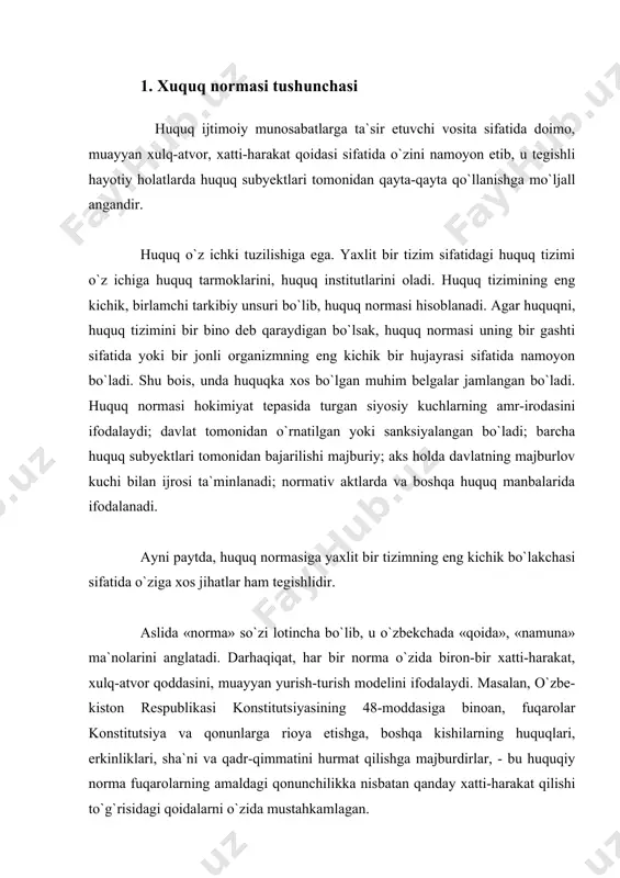 an, davlat tomonidan o`rnatilgan va sanksiyalangan xatti-harakat qoidasi, xulq-atvor namunasi bo`lib, unda ijtimoiy munosabat qatnashchilarining huquq va majburiyatlari mustahkamlanadi. huquq normasida mustahkamlangan harakat, xulq-atvor qoidasida jamiyatning, xalq hayotining moddiy sharoitlari bylan belgalanadigan erki, manfaatlari ifodalanadi. xuko`q normasi shaxslarning bir-biri bilan bo`ladigan o`zaro munosabatida qanday xatti-harakat modeliga, namunasiga rioya etishlari lozimligini, ya`ni qaysi harakatlarni sodir etish yoki etmaslik mumkin ekanligani ko`rsatadi. shu ma`noda huquq normasi huquqiy xulq mezoni sifatida o`zini ko`rsatadi. uning tartibga soluvchi vosita sifatidagi ahamiyati shunda ko`rinadiki, biron-bir huquq subyekti (xususan shaxs, organ, muassasa) o`z harakatida huquq normasida mustahkamlangan qoidaga rioya etadi yoki boshqa huquq subyektidan huquq normasida belgalangan tegashli xatti-harakatni sodir etishni talab qiladi, shuningdek, belgilangan qoidaning bajarilmaganligi huquqbuzuvchiga nisbatan ta`sir chorasining qo`llanishiga olib keladi. huquq subyekti huquq normasida belgalangan xatti-harakat namunasiga rioya qilgan holatida, huquq normasi o`zini xatti-harakat o`lchovi, xatti-harakat doirasi va chegarasi sifatida namoyon etsa, unda belgalangan qoida buzilganda esa, u huquq subyektining harakatiga baho berish …