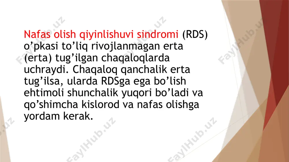 havo yoki kislorodni muloyimlik bilan suradi. •ventilator (og'ir rds uchun): bu chaqaloq yordamisiz etarlicha yaxshi nafas ololmasa, nafas olishiga yordam beradigan mashina. nafas olish trubkasi chaqaloqning nafas trubasiga qo'yiladi. bu intubatsiya (in-too-bay-shun) deb ataladi. keyin chaqaloq nafas olishiga yordam berish uchun ventilyatorga joylashtiriladi. surfaktant - surfaktant chaqaloqning o'pkasiga ularda yo'q narsalarni almashtirish uchun berilishi mumkin. bu to'g'ridan-to'g'ri nafas olish naychasiga o'rnatilgan nafas olish trubkasi orqali beriladi. vena ichiga ( iv ) kateter bilan davolash - kateter deb ataladigan juda kichik naycha kindik ichakchasidagi bir yoki ikkita qon tomirlariga joylashtiriladi. shunday qilib, chaqaloq tomir ichiga suyuqlik, oziq-ovqat va dori-darmonlarni oladi. u qon namunalarini olish uchun ham ishlatiladi. dori-darmonlar - ba'zida infektsiyaga shubha bo'lsa, antibiotiklar beriladi. davolash paytida og'riqni engillashtirish uchun tinchlantiruvchi dorilar berilishi mumkin. image1.jpeg image2.jpeg image3.jpeg image4.jpeg