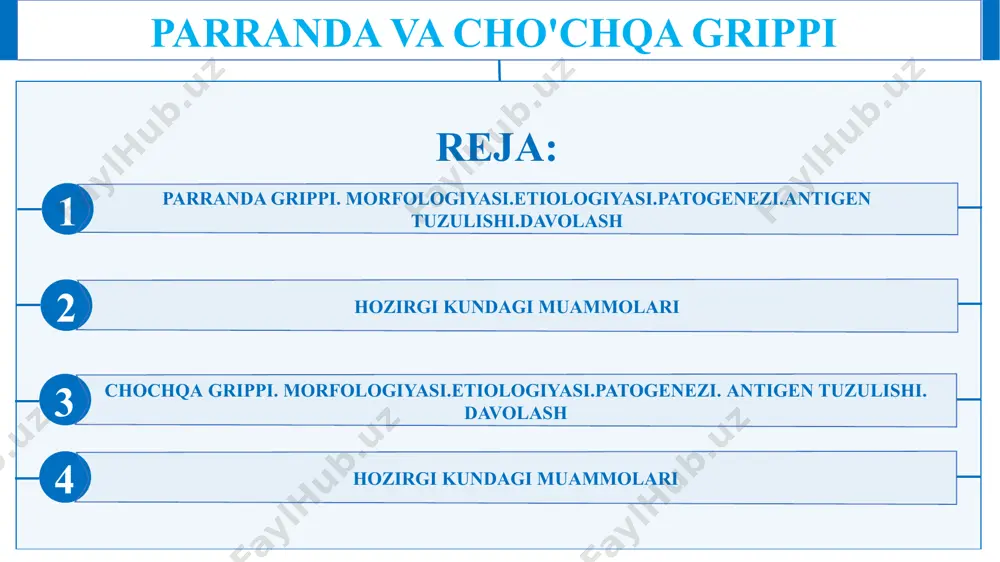 arranda grippi virusi (aiv) o'zining tarkibiy xususiyatlarini boshqa gripp viruslari bilan o'rtoqlashadi, ammo u parranda shtammlariga xos bo'lgan ma'lum o'zgarishlarni ham ko'rsatadi. 1. virion konverti: aiv, boshqa gripp viruslari kabi, xost hujayradan olingan ikki qatlamli lipidli membrana bilan o'ralgan. bu konvertda virusli glikoproteinlar, xususan gemagglutinin (ha) va neyraminidaza (na) mavjud bo'lib, ular virusning kirib borishi va chiqishi uchun zarurdir. parranda grippi. morfologiyasi.etiologiyasi.patogenezi.antigen tuzulishi.davolash 2. gemagglutinin (ha): ha muhim sirt glikoproteini bo'lib, virusni hujayra yuzasidagi sialik kislota retseptorlari bilan bog'lash uchun javobgardir. u virus konverti va xost hujayra membranasi o'rtasidagi sintezni osonlashtirish orqali virusning xost hujayra ichiga kirishiga vositachilik qiladi. 3. neyraminidaza (na): na, boshqa sirt glikoprotein, virusning replikatsiya siklida asosiy rol o'ynaydi. hujayra yuzasida va virus naslidagi sial kislota qoldiqlarini parchalash orqali infektsiyalangan hujayralardan yangi hosil bo'lgan virus zarralarini chiqarishga yordam beradi, ularning to'planishini oldini oladi va virus tarqalishini osonlashtiradi. 4. matrisa oqsili (m1) va matritsa oqsili 2 (m2): bu …
