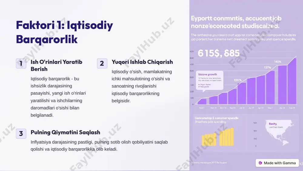 vojlantirish bo'yicha takliflari 1 global hamkorlikni kengaytirish turli mamlakatlar o'rtasida tajriba almashish va birgalikda ish olib borish kerak. 2 ma'lumotlarni to'plashni yaxshilash ikki faktorni aniq o'lchash va baholash uchun to'plangan ma'lumotlarning sifatini oshirish kerak. 3 siyosatni qayta ko'rib chiqish jamiyat rivojlanishi uchun samarali siyosatni shakllantirish va amalga oshirishda ikki faktorli yondashuvdan foydalanish kerak. https://gamma.app/?utm_source=made-with-gamma xulosa va keyingi qadam 1 iqtisodiy va ijtimoiy-siyosiy omillar ikki faktorli yondashuv, jamiyat rivojlanishini to'liqroq baholashga imkon beradi. 2 samarali siyosatni yaratish ikki faktorni birgalikda hisobga olish, samarali siyosatni shakllantirishga yordam beradi. 3 keyingi qadamlar ch.spermening ikki faktorli yondashuvini amaliyotga joriy etish va uning samaradorligini kuzatish kerak. https://gamma.app/?utm_source=made-with-gamma