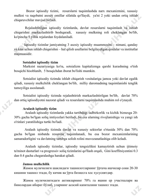 hlab chiqarishni markazlashtirib boshqaradi, xususiy mulkning roli cheklangan bo'lib, ko'pincha 5 yillik rejalardan foydalaniladi. iqtisodiy tizimlar jamiyatning 3 asosiy iqtisodiy muammosini – nimani, qanday va kim uchun ishlab chiqarishni – hal qilish usullarini belgilaydigan qoidalar va institutlar majmuasidir. sotsialist iqtisodiy tizim marksist nazariyasiga ko'ra, sotsializm kapitalizmga qarshi kurashning o'tish bosqichi hisoblanib, 5 bosqichdan iborat bo'lishi mumkin. sotsialist iqtisodiy tizimda ishlab chiqarish vositalariga jamoa yoki davlat egalik qiladi, xususiy mulkchilik cheklangan bo'lib, milliy daromadning taqsimlanishi tenglik tamoyiliga asoslanadi. sotsialist iqtisodiy tizimda rejalashtirish markazlashtirilgan bo'lib, davlat 70% dan ortiq iqtisodiyotni nazorat qiladi va resurslarni taqsimlashda muhim rol o'ynaydi. aralash iqtisodiy tizim aralash iqtisodiy tizimlarda yakka tartibdagi tadbirkorlik va kichik biznesga 20-30% gacha bo'lgan soliq imtiyozlari beriladi, bu esa ularning rivojlanishiga va yangi ish o'rinlari yaratilishiga turtki bo'ladi. aralash iqtisodiy tizimda davlat va xususiy sektorlar o'rtasida 30% dan 70% gacha bo'lgan nisbatda resurslar taqsimlanadi, bu esa bozor mexanizmlarining samaradorligini va davlatning tartibga solish …