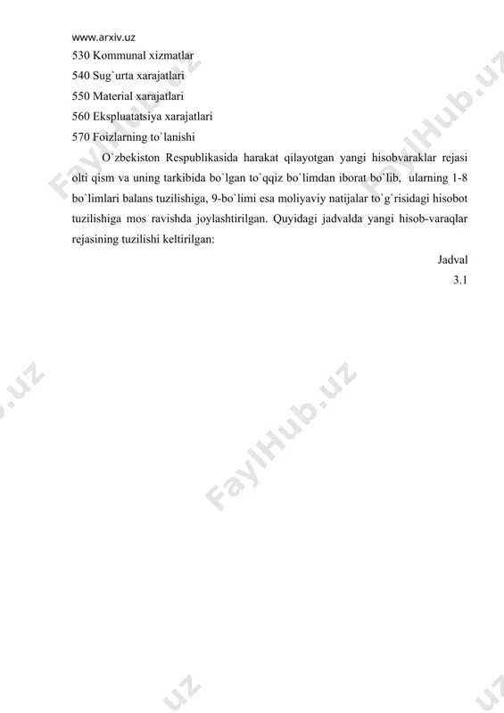 r» 2. yangi hisobvaraqlar rejasining egiluvchanligi va moslashuvchanligining yuqoriligi. hisobvaraqlar rejasida keltirilgan har bir hisobvaraqni to`rt xona sana-lishga egaligi, uni osonlikcha yangi sharoitga moslashtirish imkon berib, ularda ham subhisobvaraq, ham tahliliy hisobvaraq imkoniyatlaridan foydalanish uchun sharoit yaratadi. masalan, birinchi ikki raqam sintetik hisobvaraqni bildirsa, uchinchi raqam subhisobvaraqni va to`rtinchi raqam tahliliy ma`lumotlarni aks ettirish uchun qo`llanishi mumkin. misol tariqasida uzoq muddatli investitsiyalar tarkibiga kiruvchi «qimmatli qog`ozlar» (0610) hisobvarag`ini olishimiz mumkin. unda: 06 – (birinchi ikkita raqam) uzoq muddatli investitsiyalarni bildirsa; 1- (uchinchi raqam) investitsiya yo`nalishi (qimmatli qog`ozlar)ni anglatadi; 0 dan 9 gacha (to`rtinchi) raqamlar qimmatli qog`oz turini bildirishi mumkin. masalan, 0611-obligatsiyalar; 0612-depozit sertifikatlari, 0613- varrantlar va x.k. yoki bir necha turdagi mahsulot ishlab chiqaruvchilar, 2011-hisobvaraqda «a» mahsulot , 2012 - hisobvaraqda «v» turdagi va x.k. mahsulotlar ishlab chiqarish bilan bog`liq xarajatlarni alohida hisobga olish imkoniyati yaratiladi. 3. yangi hisobvaraqlar rejasida xalqaro amaliyotga o`xshab, «aktiv-passiv» hisob-varaqlar mavjud emas. moliyaviy hisobotlarning xalqaro …