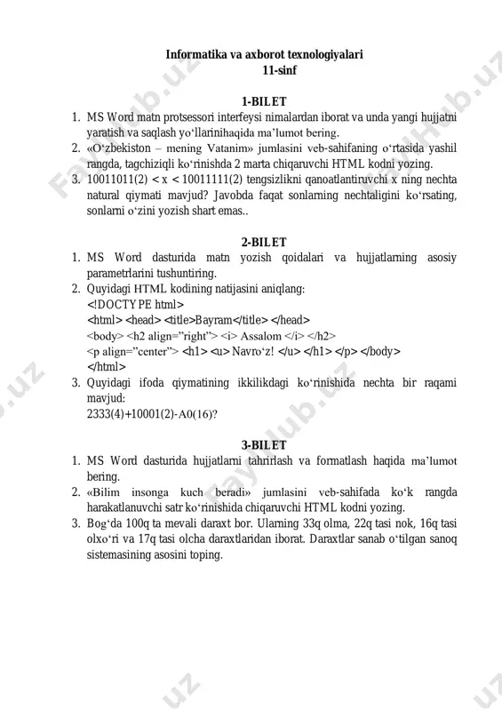 diapazonlari katakchalarida raqamlar joylashgan (rasm). a1 katakchada = e $ 4 + $ d5 formula yozilgan. b1 katakchaga a1 katakchadan nusxa ko‘chirgandan so‘ng b2 katakchada qanday qiymat hosil bo‘ladi? 24-bilet 1. photoshop da mo‘yqalam va qalam bilan ishlashni tushuntiring. 2. ikkita ikki xonali butun son kiritilganda ularning yig‘indisini 5 ga karrali yoki karrali emasligini aniqlovchi dastur tuzing. 3. ms excel. agar а1=22; а2=10; а3=18 bolsa, a6 katakchadagi quyidagi formula natijasini toping: «=срзнач(а1:а3)+ степень(а3;2)*а1-а3» ? 25-bilet 1. photoshopda tasvirga geometrik shakllarni qo‘yishni tushuntiring. 2. ikkita aylana markazlarining ixtiyoriy (x1,y1) va (x2,y2) koordinatalari va r1 va r2 radiuslari berilgan. r1 < r2 shart asosida bu aylanalarning o‘zaro joylashuvini aniqlovchi dastur tuzing. 3. svetoforda yo‘lni kesib o‘tish algoritmini (blok sxemasini) tuzing. 26-bilet 1. photoshopda tasvirga vektorli obyektlarni qo‘yishni ko‘rsating. 2. foydalanuvchi kiritadigan a va b sonlarning kubini hisoblovchi dastur tuzing. 3. аx 2 +bx+c=0 kvadrat tenglama ildizlarini hisoblovchi algoritmni (blok- sxemasini) tuzing. 27-bilet …