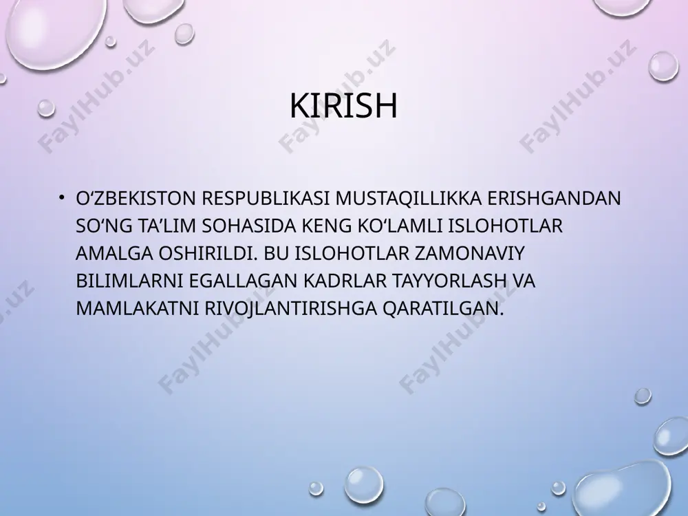 rini joriy etish. - oliy taʼlim muassasalari sonini ko‘paytirish. aktni taʼlimga joriy etish - elektron taʼlim platformalarini ishlab chiqish. - masofaviy taʼlim tizimini rivojlantirish. - o‘quv jarayonida raqamli texnologiyalarni qo‘llash. taʼlim sifatini oshirish - o‘qituvchilarning malakasini oshirish dasturlari. - taʼlim jarayoniga innovatsion metodlarni joriy etish. - o‘quv dasturlarini xalqaro standartlarga moslashtirish. ilm-fan va innovatsiyalar - ilmiy tadqiqotlarni moliyalashtirishni kengaytirish. - yosh olimlarni qo‘llab-quvvatlash dasturlari. - innovatsion markazlar va texnoparklarni tashkil qilish. taʼlimni moliyalashtirish - davlat byudjeti hisobidan taʼlimga katta mablag‘ ajratish. - xususiy sektor va homiylarning ishtirokini taʼminlash. - taʼlim loyihalarini qo‘llab-quvvatlash uchun grantlar. yoshlar siyosati - yoshlarning taʼlim olish imkoniyatlarini kengaytirish. - davlat tomonidan imtiyozli grantlar va stipendiyalar. - yoshlar uchun qo‘shimcha imkoniyatlar yaratish. natijalar - o‘zbekiston taʼlim tizimi xalqaro standartlarga moslashmoqda. - yoshlarning malakali bilim olishi taʼminlanmoqda. - zamonaviy iqtisodiyot uchun yuqori malakali kadrlar tayyorlanmoqda. xulosa o‘zbekiston respublikasida taʼlim sohasidagi islohotlar mamlakatning har tomonlama rivojlanishiga hamda yosh avlodni …