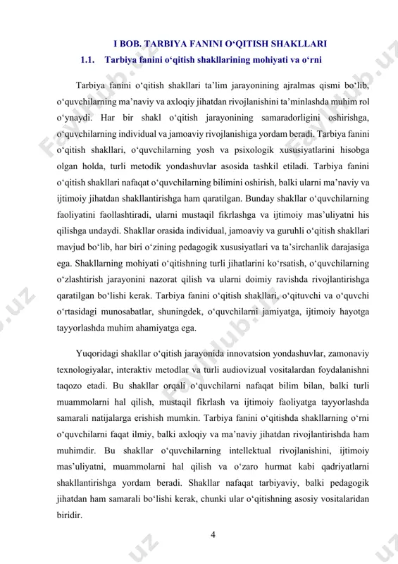beradigan tarzda ishlab chiqilishi lozim. masalan, jamoaviy shakllar o‘quvchilarga o‘zaro muloqot qilish, muammolarni muhokama qilish va guruhda ishlash ko‘nikmalarini rivojlantirishga yordam beradi. boshqa tomondan, individual shakllar o‘quvchining o‘ziga xos xususiyatlari va ehtiyojlarini inobatga olib, uning rivojlanishini ta’minlashga yordam beradi. shu bilan birga, zamonaviy pedagogik shakllar o‘quvchilarning faol ishtirokini ta’minlashga, o‘quv jarayonini yanada jonlantirishga yordam beradi. interaktiv metodlar, masalan, seminarlar, tahlillar, diskussiyalar va o‘yinlar yordamida tarbiya fanini o‘qitish shakllarini yanada samarali qilish mumkin. bu shakllar o‘quvchilarning ilmiy, ijtimoiy va madaniy savodxonliklarini oshirishda ham muhim ahamiyatga ega. tarbiya fanini o‘qitish shakllarining o‘rni, ularning ijtimoiy, madaniy va ilmiy rivojlanishga ta’siri beqiyosdir. o‘quvchilarni tarbiyalashda shakllarning muvaffaqiyati, o‘qitishning umumiy metodik yondashuviga bog‘liq. shakllar nafaqat bilimlarni, balki o‘quvchilarning individual qobiliyatlarini, ijtimoiy ko‘nikmalarini va tarbiyaviy qadriyatlarini shakllantirishda ham muhim vosita sifatida xizmat qiladi. 1.2. tarbiya o‘qitish shakllarining turli xillari va ularning pedagogik ahamiyati tarbiya o‘qitish shakllarining turli xillari o‘quvchilarning axloqiy, ma’naviy va ijtimoiy rivojlanishini ta’minlashda katta ahamiyatga …