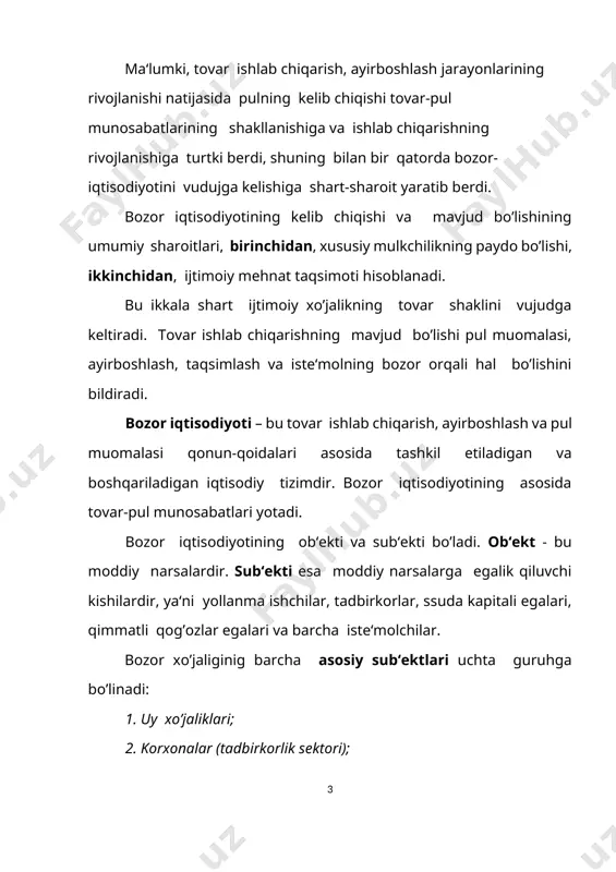 foyda olishni maqsad qilib qo’ygan, asosan iqtisodiyotni tartibga har xil byudjet tashkilotlari va muassasalari sifatida namoyon bo’ladi. bank – iqtisodiyotning me‘yoriy amal qilishi uchun zarur bo’lgan pul massasi harakatini tartibga solib turuvchi moliya-kredit muassasasidir. bozor iqtisodiyotini to’rtta iqtisodiy mexanizm tartibga solib turadi: 1. narx; 2. talab; 3. taklif; 4. raqobat. bozor xo’jaligi sub‘ektlari o’zaro aloqasining umumiy modelini (nusxasini) quyidagicha tasvirlash mumkin: bank → ← davlat uy xo’jaligi ← korxona (firma) bozor iqtisodiyotining muhim va umumiy belgilari quyidagilardan iborat: 1. turli shakllardagi mulkchilik va xususiy mulkning ustuvorligi; 2. tadbirkorlik va tanlov erkinligi; 3. raqobat kurashining mavjudligi; 4. davlatning iqtisodiyotga aralashuvining cheklanganligi; 5. korxona va firmalarning ichki va tashqi shart-sharoitlar o’zgarishlariga moslashuvchanligidir. bozor iqtisodiyotining taraqqiyotini ikki turga ajratib ko’rsatish mumkin. birinchisi, klassik yoki sof bozor iqtisodiyoti bo’lib, g’arbdagi rivojlangan mamlakatlarda xix asrning oxirlariga davom etgan. uning asosiy belgilari quyidagicha bo’lgan: 1. xususiy mulkchillikka asoslagan holda iqtisodiy faoliyat yuritish; 2. kapital va ishlab …