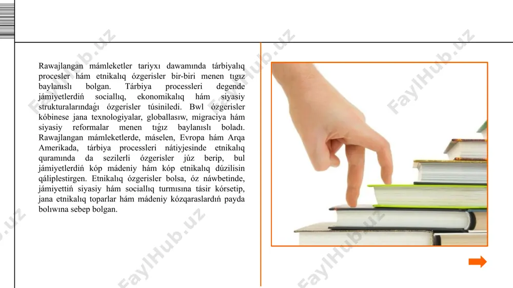 etleniwi kerek. máselen, kanadada kóp mádeniyatlılıq siyasatı sheńberinde, túrli etnikalıq toparlar arasında óz ara húrmet hám teńlikti támiyinlewge qaratılǵan nızamlar qabıl etilgen. solay etip, jámiyette mádeniy ózgerisler hám jana etnikalıq toparlardıń qosılıwı kóp mádeniyatlı, biraq birlesken jámiyetlerdiń qáliplesiwine alıp keledi. etnik ózgerislerdiń siyasatqa tásiri de áhmiyetli. ayırım mámleketlerde, máselen, franciyada, etnik gruppalardıń rawajlanıwı siyasiy jaqtan da sezilerli ózgerislerge alıp keldi. kóp milletli jámiyetler, óz náwbetinde, jana siyasiy partiyalar hám puqaralıq huqıqların qorǵawǵa qaratılǵan baslamalardıń payda bolıwına sebep bolgan. sonday-aq, túrli etnikalıq toparlardıń jámietke integraciyasın támiyinlew ushın mámleket siyasatı jańalandı, olarǵa óz mádeniyatların saqlawǵa hám basqa toparlar menen tınıshlıqta jasawǵa imkaniyat jaratıldı. máselen, kóplegen rawajlanǵan mámleketlerde, ásirese, aqsh, kanada, germaniya hám avstraliyada, migrantlar kóp jaǵdaylarda "tómen" jumısshı kúshi sıpatında isleydi, yaǵnıy olar kóbinese tómen aylıqlı hám kem qádirli jumıslardı orınlaydı. biraq, bul jaǵday jámiyettiń ekonomikalıq rawajlanıwına da úlken úles qosadı, sebebi olar sanaat hám awıl xojalıǵında zárúr bolǵan jumısshı kúshiniń jeterli …