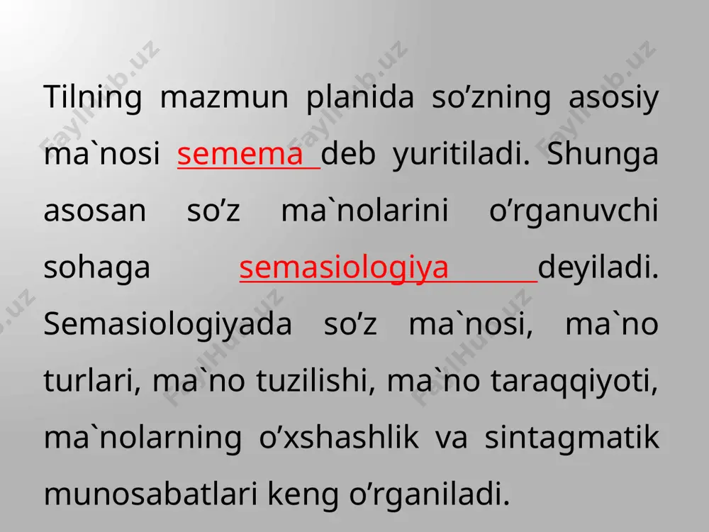 n ancha murakkab strukturaga ega: «o`z ishi, faoliyatida biror yo’nalishda harakat qilmoq» – o`zbekiston demokratik jamiyat qurish yo’lidan bormoqda». bosh ma`noning birikuvchanligi hosila ma`noga nisbatan katta bo’ladi. masalan, ko’z leksemasi bosh ma`noda ko’plab bog’lanishlar hosil qila oladi: ko’k ko’z, qora ko’z, xumor ko’z, ko’z qorachig’i, ko’z oqi, ko’z gavhari, ko’zi og’rimoq. ko’z leksemasi bosh ma`noda tirik organizmlarning ko’rish a`zosini ifodalar ekan, ko’rish a`zosiga ega barcha tirik organizmlar nomi bo’lgan ot leksemalar bilan juda ko’p miqdorda bog’lanishlar hosil qila oladi: qo’yning ko’zi, ohuning ko’zi, bolaning ko’zi, anvarning ko’zi… ko’z leksemasining «ba`zi narsalarning ko’zga o’xshash qismi» hosila ma`nosi igna, quduq, buloq, taxta, yog’och, uzuk, deraza, oyna, tizza, hurjun leksemalari bilan bog’langandagina reallashadi: ignaning ko’zi, uzukning ko’zi. lekin ushbu ma`no uzukning ko’ziga o’xshash bezakka ega bo’lgan bilakuzuk, zanjir leksemalari bilan bog’lanishlar hosil qila olmaydi. demak, ko’z leksemasining «ba`zi narsalarning ko’zga o’xshash qismi» hosila ma`nosining birikuvchanligi chegaralangan. bosh ma`no hosila ma`noga nisbatan emotsional-ekspressivlikdan, subyektiv …
