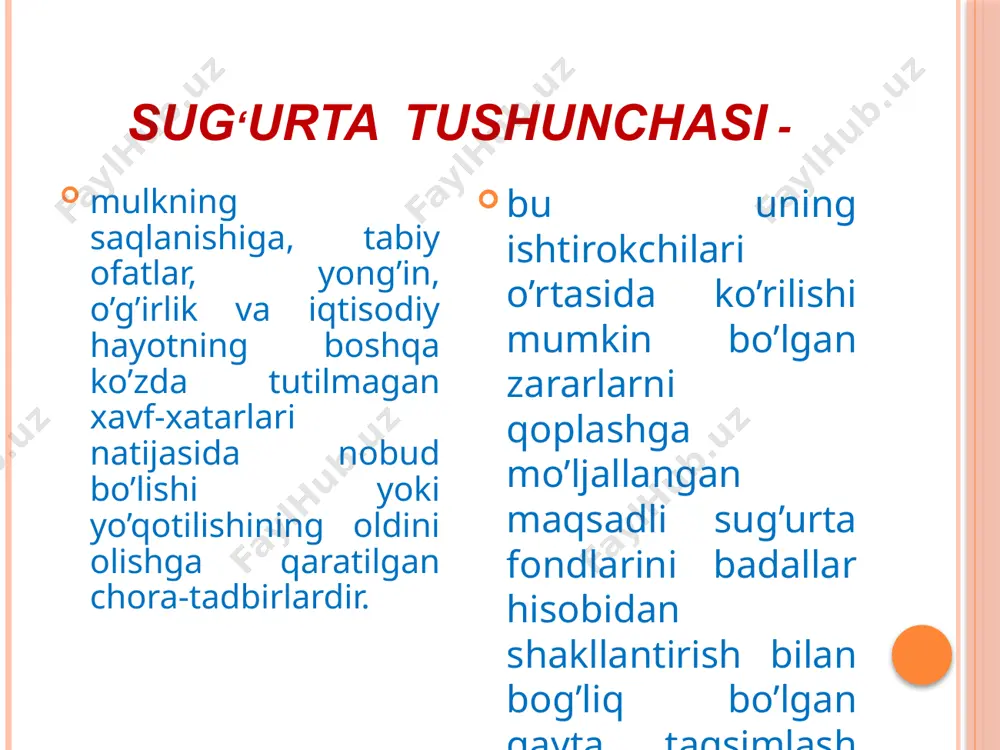 a tuziladigan bo’ldi. sugʻurta qilinadigan obʼyektga qarab: mulkiy sugʻurta yuridik va jismoniy shaxslarning mulkiy manfaatlari, binolar, ekinlar, uy hayvonlari, shaxsiy sugʻurta inson, sogʻligʻi, hayoti, mehnat qobiliyatini sugʻurtalash uchinchi shaxslar oldidagi javobgarlik sugʻurtasi transport egalarining fuqarolik javobgarligini, molmulk, transport vositalarini sugʻurtalash kredit oluvchilarning bank oldidagi kreditni oʻz vaqtida qaytarish javobgarligini sugʻurtalash va boshqalar. sug’urta shakllari avtomobil transportiga, suv, havo, temir yoʻl transportlari yoʻlovchilari, transport vositalari egalarining fuqorolik javobgarligi va boshqalar sugʻurta munosabatlarida qatnashuvchi tomonlarning oʻzaro roziligi va yozma shartnoma asosida amalga oshiriladi, sugʻurta javobgarligi hajmi, sugʻurta badali miqdori, sugʻurta hodisasi yuz berganda toʻlanadigan sugʻurta summasi — shartnoma shartlari sugʻurta qiluvchi bilan sugʻurta qilinuvchi tomonlar oʻrtasida kelishiladi. majburiy ixtiyoriy majburiy sugʻurta turlari: majburiy majburiy davlat sugʻurtasi majburiy davlat sugʻurtasi sub’ektlari: oʻzbekiston respublikasi mudofaa, ichki ishlar, favqulodda vaziyatlar vazirliklarining harbiy xizmatchilari, milliy xavfsizlik xizmati, davlat chegaralarini qoʻriqlash, davlat bojxona, davlat soliq qoʻmitalari xodimlari. bunday sugʻurta turlari uchun sugʻurta badali (mukofoti) davlat byudjeti hisobidan …