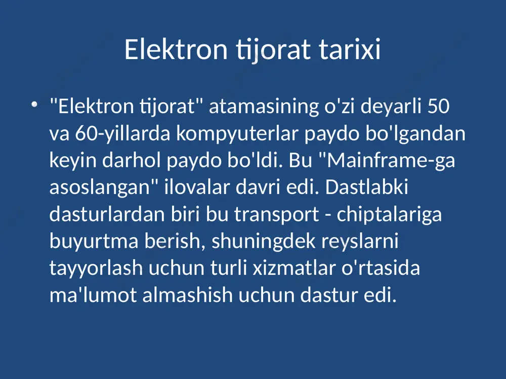 netdan foydalanadilar. ma'lumotlarning yaxlitligi va xavfsizligi elektron tijoratning dolzarb muammolari. elektron tijorat maqsadlari : tannarxni pasaytirish; ishlab chiqarish vaqtini qisqartirish; mijozlarning talablarini tezlashtirish; xizmat ko'rsatish sifatini oshirish. elektron tijoratning iqtisodiy sharoitf sezilarli darajada va quyidagicha ta'siri: narxlarga ta'siri - elektron bozorni yaratishdan boshqa narsa yo'q iste'molchilarni qidirishni osonlashtiradigan ma'lumotlarning kombinatsiyasi sifatida nafaqat tovarlar, balki eng maqbul narx; ishlab chiqarish samaradorligining pasayishi hisobiga tranzaktsiya xarajatlari, raqobatning kuchayishi va oshkora biznes bilan shug'ullanish; inventarizatsiyani qisqartirish - ma'lumotlar asta-sekin real bilan almashtirilmoqda zaxiralar, chunki ularni ortiqcha saqlash foydasiz, chunki tarkibiy qismlarni iste'mol qilish jarayonini to'g'ri tasavvur qiling. elektron tijorat quyidagilarni modelarni o'z ichiga oladi: elektron ma'lumotlar almashinuvi (electronis data interchange), elektron pul o'tkazmalari (electronic funds transfer), elektron tijorat (e-trade), elektron pullar (e-cash), elektron marketing (e-marketing), elektron bank (e-banking), elektron sug'urta xizmatlari (e-insurance). elektron tijoratning bozorlar va chakana sotuvchilarga ta'siri. elektron tijorat mijozlarga geografik to'siqlarni engib o'tishga imkon beradi va ularga istalgan vaqtda, istalgan …