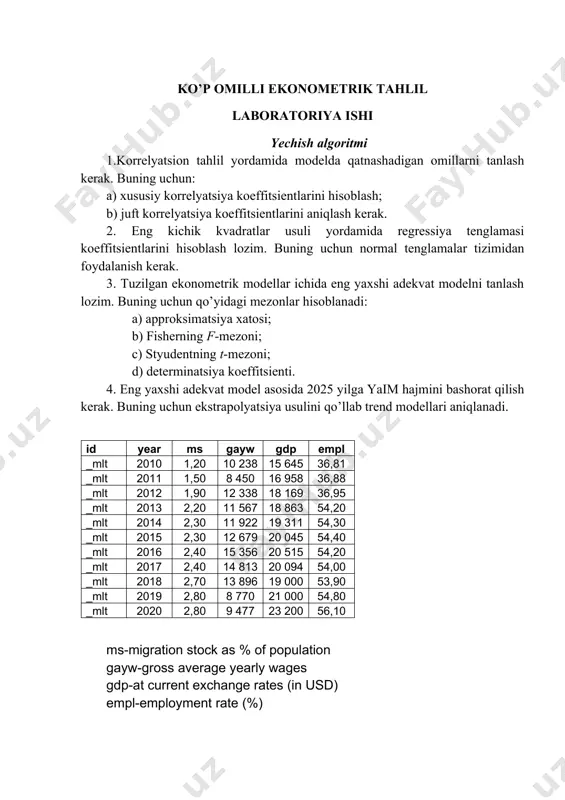 чение -1,258017045 0,985289935 -1,27679884 0,24885919 -3,668934663 1,152900573 -3,668934663 1,152900573 10238,4 1,4677e-06 3,3085e-05 0,04436159 0,966055716 -7,94883e-05 8,24237e-05 -7,94883e-05 8,24237e-05 15644,53 0,000109409 6,51372e-05 1,6796706 0,144023821 -4,99759e-05 0,000268794 -4,99759e-05 0,000268794 36,81 0,027729629 0,015535343 1,78493838 0,124522453 -0,010283985 0,065743243 -0,010283985 0,065743243 вывод итогов регрессионная статистика множественный r 0,935103 r-квадрат 0,874418 нормированный r-квадрат 0,820598 стандартная ошибка 0,217704 наблюдения 11 дисперсионный анализ df ss ms f значимость f регрессия 3 2,310054 0,770018 16,24687 0,001552 остаток 7 0,331764 0,047395 итого 10 2,641818 коэффициенты стандартная ошибка t-статистика p-значение нижние 95% верхние 95% нижние 95,0% верхние 95,0% y-пересечение -1,84221 0,788145 -2,3374 0,052044 -3,70588 0,021455 -3,70588 0,021455 переменная x 1 7,11e-06 3,25e-05 0,218411 0,83334 -7e-05 8,41e-05 -7e-05 8,41e-05 переменная x 2 0,000135 5,96e-05 2,272136 0,057297 -5,5e-06 0,000276 -5,5e-06 0,000276 переменная x 3 0,027526 0,015513 1,774423 0,119263 -0,00916 0,064208 -0,00916 0,064208 1. функциямизни ёзамиз: y = а0 + а1 х1+ а2 х2 + а3 х3 ушбу маълумотлар асосида моделини ёзамиз: y =-0.75-0,00019x1-0,00035x2+0,184175x3 …