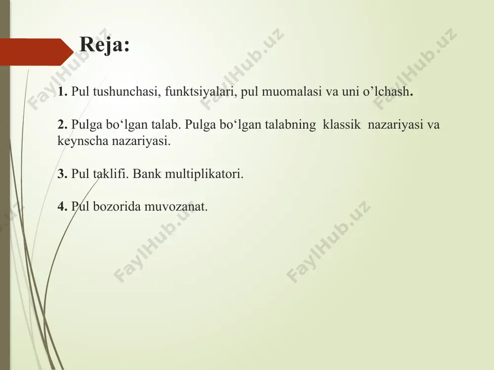 etadi. pulning yuqori likvidliligi va qiymatni saqlab turish xususiatlari barcha turdagi to‘lov vositalarida bir xil emas. naqd pullar va muddatsiz depozitlarning likvidliligi darjasi muddatli depozitlarga yoki veksellarga qaraganda yuqoriroq. shu sababli pul massasi likvidlilik darajasining pasayib borishi tamoyiliga asoslangan agregatlarga bo‘linadi. rivojlangan mamlakatlarda pul massasini aniqlashda - м1; м2; м3; м4 deb belgilangan pul agregatlaridan foydalaniladi. pul agregatlarining tarkibi va miqdori turli mamlakatlarda o‘zaro farq qilishi mumkin. quyida umumlashtirib olingan pul agregatlari tarkibini keltiramiz: “м0- muomaladagi naqd pullar; м1 = м0 + aholinign omonat kassa;arida ta;ab qilinadigan depozitlari, aholi va korxonalarning tijorat banklaridagi epozitlari, aholi va korxonalarining hisob-kitob va joriy hisob varaqlaridagi mablag‘lari; м2 =м1 + omonat kassalaridagi muddatli; м3 = м2+ bank depozit sertifikatlari, davlat zayomlari. makroiqtisodiy tahlilda m1 va m2 pul agregatlari eng ko‘p foydalaniladi. pul agregatlarining dinamikasi turli sabablarga bog‘liq. masalan, daromadlarning oshishi natijasida m1ga talab tezroq o‘sishga erishsa, foiz stavkasining o‘sishi natijasida m2 va m3ga talab …