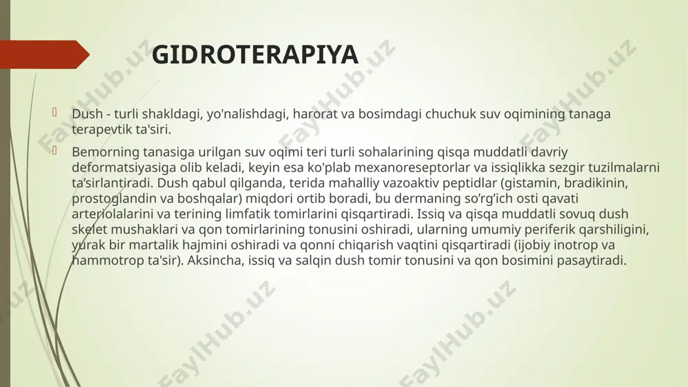 n), o'rta (100-200 kpa, sirkulyar va ko'tariluvchi) yuqori (200-400 kpa, oqimli, shotland, yelpig’ichsimon, suv osti dush-massaj) turlari farqlanadi. suv haroratiga qarab sovuq (20 ° c atrofida), salqin (20-34 ° s), indifferent (35-37 ° s), iliq (38-39 ° c) issiq (40 ° s va undan yuqori) dushlar farqlanadi. shotlandcha dush suv osti dush massaj yelpig’ichsimon doimiy haroratli dush bilan bir qatorda kontrast 15 dan 45 ° c gacha o’zgarib turuvchi (shotlandcha) dush ham qo’llaniladi. suv osti dush- massaj sig’mi 400-600 litr bo'lgan, 35-37 ° s haroratdagi suv bilan to'ldirilgan vannada amalga oshiriladi. oqimdagi suv bosimi 100-400 kpa. dushlar "vuoksa", vk-3, kv-1, sirkulyar devorga o’rnatiluvchi panellar yordamida amalga oshiriladi. suv osti dush massaji - gidromassajli vannalar : to'rtburchaklar, burchakli, dumaloq va oval shakldagi vannalarda ("golfstrim") amalga oshiriladi. texnika dush qurilmalarda suv muayyan harorat va bosim bilan ta'minlanadi va dush qabul qilish muolajasi boshlanadi. ta'sir turiga ko'ra, ular oqimli dush (sharko), shotlandcha, sirkulyar, …