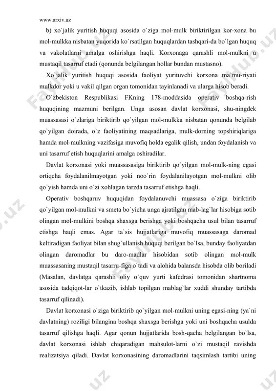 itish huquqi yoki operativ boshqarish huquqining vujudga kelishi va bekor bo`lishi. unitar korxonaga yoki muassasaga o`z mol-mulkini xo`jalik yuritish huquqi yoki operativ boshqarish huquqi asosida biriktirib qo`yish haqidagi qaror biriktirib qo`yiladigan mol-mulk egasi (mulkdori) tomonidan qabul qilinadi. biroq, ashyoviy huquqning vujudga kelishi uchun shunday qarorni qabul qilish kifoya emas. to`la xo`jalik yuritish huquqi yoki operativ boshqarish huquqi biriktirib qo`yiladigan mol-mulk mulkdor tomonidan unitar korxona yoki muassa-saga topshirilgan vaqtdan boshlab vujudga kelgan hisoblanadi (agar qonun hujjatlarida yoki mulkdorning qarorida boshqacha tartib belgilanmagan bo`lsa). xo`jalik yuritish yoki operativ boshqarishda bo`lgan mol-mulkdan foydalanishdan olingan daromadlar, hosil va mahsulotlar, shuningdek, uni-tar korxona yoki muassasa shartnoma bo`yicha yoxud boshqa asoslarda olgan, mol-mulk qonunda belgilab qo`yilgan tartibda korxona muassasa-sining xo`jalik yuritishga yoki operativ boshqarishga o`tadi. xo`jalik yuritish yoki operativ boshqarish huquqi asosida korxona yoki muassasaga biriktirib qo`yilgan mol-mulk mulkdorning qarori bilan korxona yoki muassasaning mol-mulki qonuniy suratda olib qo`yilgan hol-larda bekor bo`ladi. ayni vaqtda xo`jalik yuritish …