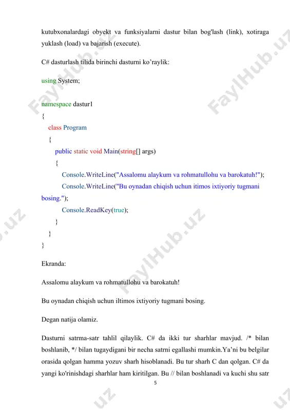 operator bilan ishlatiladi. c# dagi amal arifmetik operator algebraik ifoda c# dagi ifodasi qo'shish(+) a+b; misol: a=7 va b=3 bo’lsa, a+b=10. ayirish(-): a-b; misol: a=7 va b=3 bo’lsa, a-b=4. ko'paytirish(*): a*b; misol: a=7 va b=3 bo’lsa, a*b=21. bo'lish (/): a/b; misol: a=6 va b=3 bo’lsa, a/b=2. qoldiqli bo’lish(%): a%b; misol: a=7 va b=3 bo’lsa, a%b=1. bularning ba'zi birlarinig xususiyatlarini ko'rib chiqaylik. butun sonli bo'lishda, ya’ni bo'luvchi ham, bo'linuvchi ham butun son bo'lganda, javob butun son bo'ladi. javob yaxlitlanmaydi, kasr qismi tashlanib yuborilib,butun qismining o'zi qoladi. modul operatori (%) butun songa bo'lishdan kelib chiqadigan qoldiqni beradi. x%y ifodasi x ni y ga bo'lgandan keyin chiqadigan qoldiqni beradi. demak, 7%4 bizga 3 javobini beradi. % operatori faqat butun sonlar bilan ishlaydi. c# da qavslarning ma'nosi xuddi algebradagidekdir. undan tashqari boshqa boshqa algebraik ifodalarning ketma-ketligi ham odatdagidek. ko'paytirish, bo'lish va modul olish operatorlari ijro ko'radi. agar bir necha operator ketma-ket kelsa, ular chapdan …