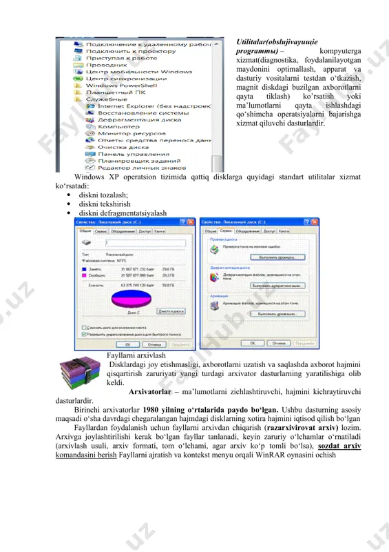 ash disklardagi joy etishmasligi, axborotlarni uzatish va saqlashda axborot hajmini qisqartirish zaruriyati yangi turdagi arxivator dasturlarning yaratilishiga olib keldi. arxivatorlar – ma’lumotlarni zichlashtiruvchi, hajmini kichraytiruvchi dasturlardir. birinchi arxivatorlar 1980 yilning o‘rtalarida paydo bo‘lgan. ushbu dasturning asosiy maqsadi o‘sha davrdagi chegaralangan hajmdagi disklarning xotira hajmini iqtisod qilish bo‘lgan fayllardan foydalanish uchun fayllarni arxivdan chiqarish (razarxivirovat arxiv) lozim. arxivga joylashtirilishi kerak bo‘lgan fayllar tanlanadi, keyin zaruriy o‘lchamlar o‘rnatiladi (arxivlash usuli, arxiv formati, tom o‘lchami, agar arxiv ko‘p tomli bo‘lsa), sozdat arxiv komandasini berish fayllarni ajratish va kontekst menyu orqali winrar oynasini ochish arxiv fayllar 1–topshiriq 1. c diskda r harfidan boshlanuvchi barcha fayllarni winrar dasturida arxivlash texnologiyasini yozing. 1. a.zip va b.arj fayllarini arxivdan tt katalogiga qayta tiklash texnologiyasini yozing. 1. a1.doc va b1.doc fayllarini «maksimalnыy» rejimida winrar dasturida arxivlang. 1. c diskdagi barcha .arj kengaytmali arxivli fayllarni qayta tiklang. 2–topshiriq 1. diskda a harfidan boshlanuvchi .doc kengaytmali faylarni arj dasturida arxivlang. …