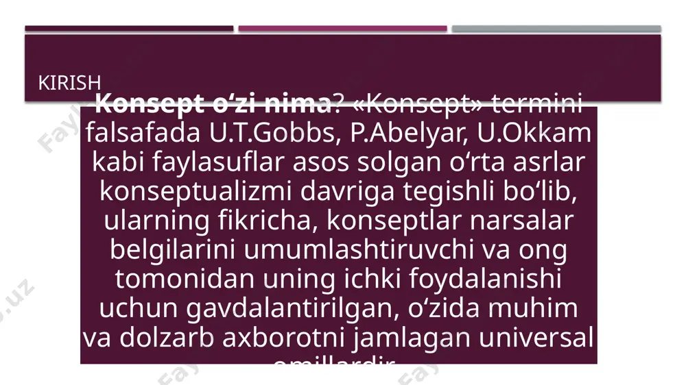 olamning lisoniy manzarasi yuzaga keladi va inson u orqali dunyoni ko'radi. 08.10.2023 «konsept» termini ilk marta s.n.askoldovning 1928 yilda yozilgan «konsept va so‘z» maqolasida ishlatilgan. konseptlarga berilgan ta’rif va ularning tipologiyasi, ularni o‘rganishga oid yondashuvlar har xil bo‘lib, hozirgi zamon tilshunosligida «konsept» termini dunyo haqidagi bilimlarni namoyon etish shakllaridan biri sifatida ishlatiladi. biroq z.d.popova va i.a.sternin to‘g‘ri ta’kidlashganidek, tilshunoslikda konsept terminining olam haqidagi bilimlarni namoyon etuvchi turli talqinlari mavjud. sh.safarovning fikricha, «konsept» tushunchasining o‘ta mavhum hodisa ekanligi, uning zamiridagi «mental struktura» aniq moddiy ko‘rinishga ega bo‘lmasdan, balki aqliy idrok jarayonida hosil bo‘ladigan, tasavvurdagi tuzilma ekanligi unga (konseptga) to‘liq javob berishni qiyinlashtiradi. n.mahmudov ham terminologiya masalasida to‘xtalib, «ular haqida tilshunoslikda juda ko‘p yozilgan bo‘lishiga qaramasdan, hali-hamon ularning ayrimlari, masalan: «lisoniy shaxs», «konsept» terminlari talqinida bir xillikka erishilgan emas», deb yozadi. bundan tashqari, «konsept» bilan «tushuncha»ni bir-biridan ajratish muammosi ham o‘z yechimini to‘liq topgan, deb bo‘lmaydi. qadim va zamonaviy tadqiqotlarda turli nuqtai …