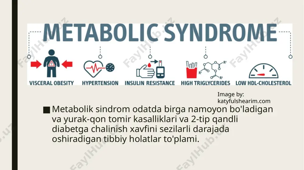 ate.net davolash metabolik sindrom sog'lom turmush tarziga amal qilish orqali davolanadi, bunga quyidagilar kiradi: parhez: meva, sabzavot, to'liq donalar, yog'siz go'sht, terisiz parranda go'shti, baliq, yong'oq va kam yog'li yoki yog'siz sut mahsulotlari kabi turli xil to'yimli oziq-ovqatlarni iste'mol qilish. qayta ishlangan ovqatlar, to'yingan va trans yog'lar, qizil go'sht, natriy va qo'shilgan shakarni iste’molini cheklash. mashq qilish: haftasiga kamida 150 daqiqa o'rtacha intensivlikdagi jismoniy faollik. yurish - boshlash uchun yaxshi joy, lekin yurak urish tezligini oshiradigan boshqa mashg'ulotlarni ham sinab ko'rish mumkin vazn: sog'lom vaznni saqlash yoki agar kerak bo'lsa, vazn yo'qotish. chekish: chekishni to'xtatish yoki chekmasa, boshlamaslik. spirtli ichimliklar: ortiqcha spirtli ichimliklarni iste'mol qilishdan saqlanish. uyqu: yetarli darajada uxlash va agar kerak bo'lsa, obstruktiv uyqu apnesini davolash. stress: stressni nazorat qilish dori vositalar orqali davolash(ncep- atp iii va idf hisobotiga ko`ra) xolesterinning so'rilishining ingibitorlari statinlar ko'p pleiotrop ta'sirga ega samarali xolesterin miqdorini pasaytiruvchi vositalar incretin tizimiga ta'sir qiluvchi dorilar …