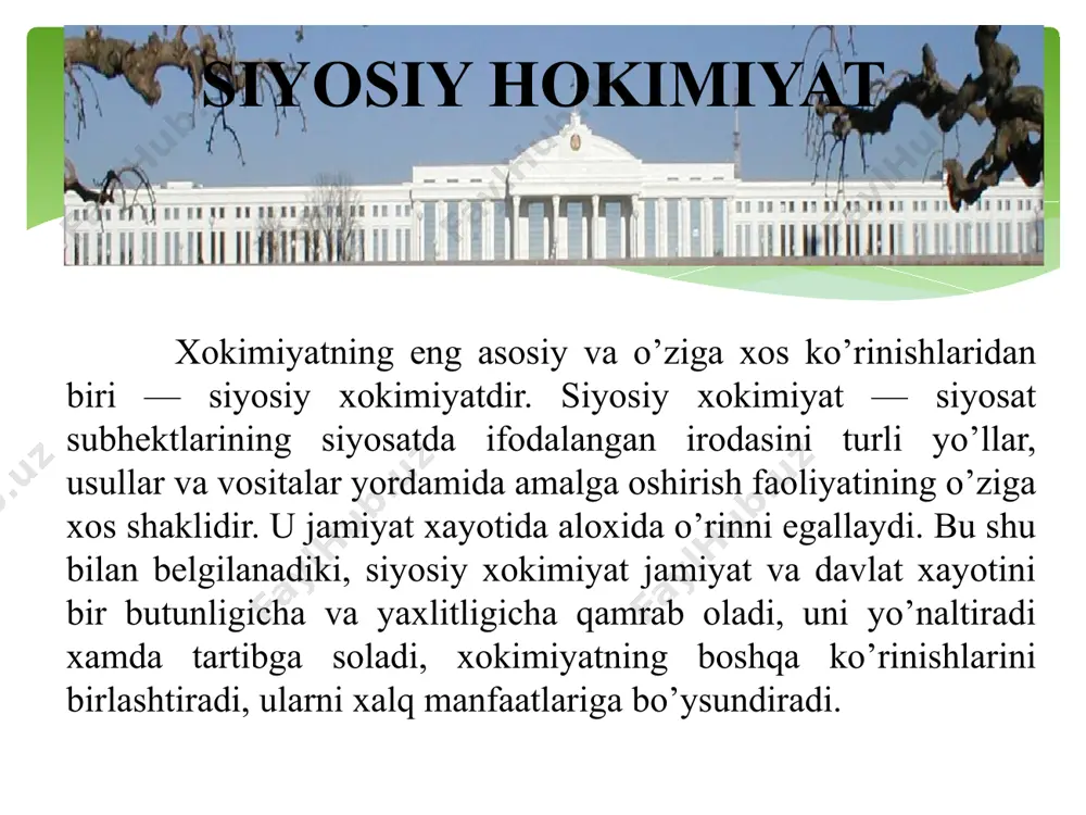 ogik (mafkuraviy) resurs siyosiy xokimiyatning xukmronligi siyosiy xokimiyatning xukmronligi fuqarolar tomonidan turlicha baxolanishi mumkin. axoliniig xokimiyatga ijobiy baxo berishi, uning qonunga muvofiqligini, boshqarish xuquqini tan olishi va ixtiyoriy tarzda bo’ysunishga roziligi xokimiyatning legitimligini bildiradi. „legitimlik" atamasi (lot. leg, legitimus — „qonun") „qonuniylik", „qonunlashtirilganlik" ko’rinishida tarjima qilingan. bunday tarjima unchalik aniq emas. chunki bunday tarjima ko’proq „legallik" atamasi mazmuniga mos keladi. shuning uchun legitimlik va legal­lik aynan bir xil tushunchalar emas. legallik xokimiyatning xuquqiy asoslanishini, uning xuquqiy mehyorlarga mos kelishini, qonunga mos ravishda faoliyat ko’rsatishini anglatadi. shu mahnoda legallik nolegitim xokimiyatlarga xam xosdir. legitimlik esa — bu ishonch, xokimiyatni oqlash va qo’llab-quvvatlashdir. fuqarolar tomonidan bunday tan olinishga xamma siyosiy xokimiyatlar xam erisha olmaydi. siyosiy xokimiyatning eng muhim asoslaridan biri - uning xalq tomonidan tan olinishi darajasi. buni politologiya fanida «legitimlik» (qonuniy) atamasi bilan ifodalanadi. dastlab «legitimlik» atamasi xix asrning boshlarida fransiyada vujudga keldi va «qonuniy» qirol xokimiyatini bildirardi hamda «noqonuniy» bo'lgan …