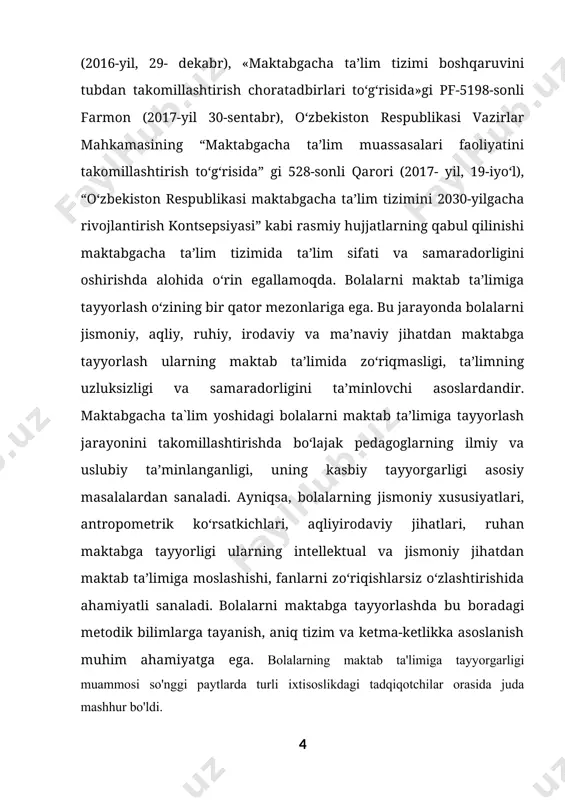 a ta’lim tashkilotlarda, maktablarda, mahallalarda tashkil etilgan maxsus guruhlar yoki markazlarda oladi. bu yerda ular haftada 2-3 marta shug‘ullanishadi. ota-onalarga maktabgacha ta’lim shaklini tanlash huquqi beriladi. 6-7 yoshli bolaning maktab ta’limiga tayyorligini aniqlashda maktabgacha yoshdagi bolalar ta’lim tarbiyasi bilan shug‘ullanuvchilar asosiy shart hisoblanmish – bolaning maktabga tayyorligi maktabgacha va maktab davridagi hayot tarzi hamda faoliyati uchun ko‘prik vazifasini utashini, oila yoki maktabgacha ta’lim tashkilotdagi ta’lim-tarbiya sharoitlarida maktab ta’limiga ozorsiz o‘tkazishni ta’minlash zarurligini hisobga olishlari lozim. maktabgacha yoshdagi bolaning maktab ta’limiga utishi hamisha uning hayoti, axloqi, qiziqishi va munosabatlarida anchayin jiddiy o‘zgarishlarni yuzaga chiqaradi. shuning uchun bolani yoki uydayok maktab ta’limiga tayyorlash, uni uncha qiyin bo‘lmagan bilim, tushuncha, ko‘nikma va malakalar bilan tanishtirish nkerak bo‘ladi. yetakchi mutaxassislarning fikriga ko‘ra, «maktabga tayyorgarlik» tushunchasi bolani maktabga tayyorlashning quyidagi yo‘nalishlarini o‘z ichiga oladi: · jismoniy; · shaxsiy(ruhiy); · aqliy · maxsus tayyorgarlik. jismoniy tayyorgarlik bolaning sog‘lomligi, harakat ko‘nikmalari va sifati, qo‘l mushaklari va ko‘rish-motor …