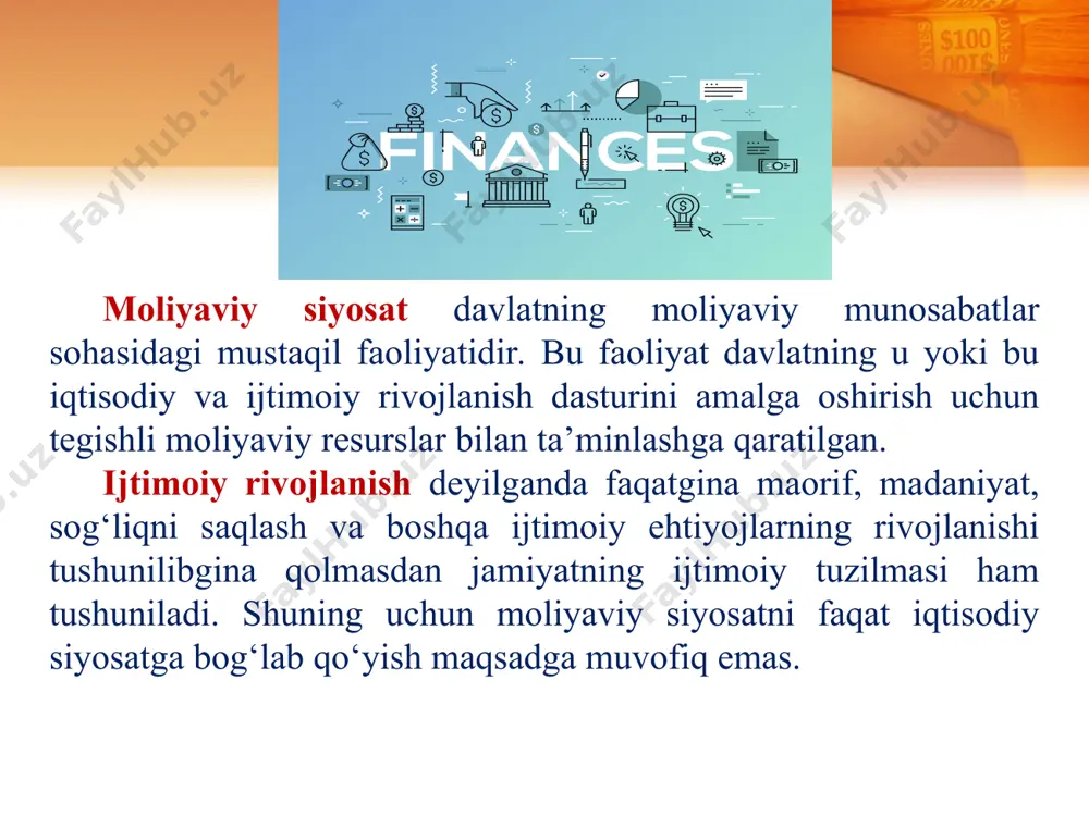 ni ko‘zlab yo‘naltirishni ta’minlash; • ijtimoiy yo'naltirilgan bozor iqtisodiyotini shakllantirish talablaridan kelib chiqqan holda, aholining ijtimoiy himoyasini ta’minlash, fuqarolar konstitutsiya bilan kafolatlangan huquqlarini himoya qilishni ta’minlovchi moliyaviy bazani yaratish, erkin mehnat va ishbilarmonlik asosida aholi turmush darajasini ko'tarish uchun zarur shart-sharoitlarni yaratish; * ijtimoiy himoyaning maqsadli bo'lishiga erishish, moliyaviy mablag'larning ijtimoiy yordamga haqiqatda muhtoj aholi qatlamlariga yetib borishini ta’minlash; • davlat byudjeti va korxonalar moliyaviy ahvolining barqa- rorligini ta’minlash; •byudjet intizomiga qat’iy rioya qilish; •soliq siyosatini takomillashtirish, soliqlarning iqtisodiyotga rag‘batlantiruvchi ta’sirini kuchaytirish maqsadida: — soliq tizimining ishlab chiqarishni rivojlantirishga, moddiy, tabiiy, moliyaviy va mehnat resurslaridan, to'plangan mol-mulkdan samarali foydalanishga rag‘batlantiruvchi ta’sirini oshirish; — korxonalar zimmasidagi soliq yukini, qo‘shilgan qiymat va foyda solig‘idan olinadigan soliq stavkalarini kamaytirish va shu asosda ishlab chiqarishni jonlantirishga turtki berish; * soliq tushumlari tarkibini tubdan o'zgartirish, resurslar, mol- mulk solig’ining rolini oshirish, jismoniy shaxslardan soliq undirish- ning ilg‘or tizimini joriy etish. • mahalliy byudjetlarni shakllantirish manbalari …