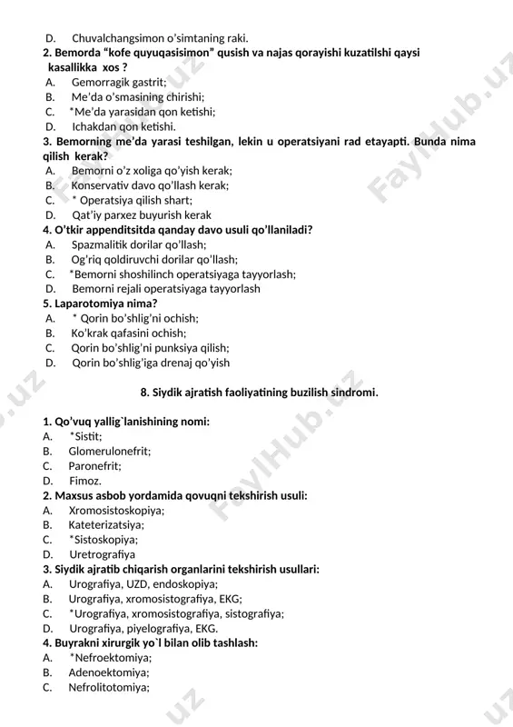 si 3. xavfli o'smalarning rivojlanish bosqichlari nechta? a. 1ta; b. 2ta; c. 3ta; d. *4ta. 4. nerv to'qimasidan o'sib chiqqan o'smalar nomi: a. fibroma,fibrosarkoma; b. *glioma, nevrinoma; c. mioma,glioma; d. fibroma,adenoma. 5. sut bezi rakining diagnostikasida o'tkaziladigan asosiy tekshirish usullari: a. *mammografiya; b. rentgenoskopiya; c. kontrastli rentgenografiya; d. radioizotop usuli.