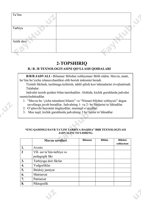 osiy, filologik, ta'limiy va tarbiyaviy masalalarni ham qamrab olgan asardir. abu rayhon beruniy o'zining? qaysi asarida zardushtiylik dini qadimgi xuroson, fors, iroq va balxdan tortib suriya yerlarigacha tarqalganligini aytadi. fanni o‘zlashtirish va mustaqil o‘qib-o‘rganish uchun asosiy adabiyotlar ro‘yxati: 1. b.s.abdullayeva, a.a.xoliqov, d.r.farsaxonova, s.v.muhammadiyeva, m.b.sheranova / umumiy pedagogika (1-qism) / darslik. – toshkent: “innovatsiya-ziyo”, 2021, 342 bet. 2. a.musurmanova va boshqalar. / umumiy pedagogika (1-2 qism) / oʻquv qoʻllanma. – toshkent: “oʻzkitobsavdonashriyoti”, 2020. – 400 bet. 3. b.x.xodjayev / umumiy pedagogika nazariyasi va amaliyoti. darslik. / т.: «sano-standart» nashriyoti, 2017-yil, 416 bet. mustaqil ishni times new roman shriftida 14 kattalikda wordda, 1,5 intervalda taqdim eting. 3. mustaqil ishni times new roman shriftida, 14 kattalikda, microsoft wordda yozing. 1. mustaqil ta’limni baholash mezoni: maksimal 20 ball. a) agar talaba mustaqil ishni talab darajasida bajarsa, jumladan, yondashib ilmiy teminlarni izoxlab to‘liq yoritsa, 20-18 ball bilan baholanadi. b) agar talaba mustaqil ishni talab darajasida …