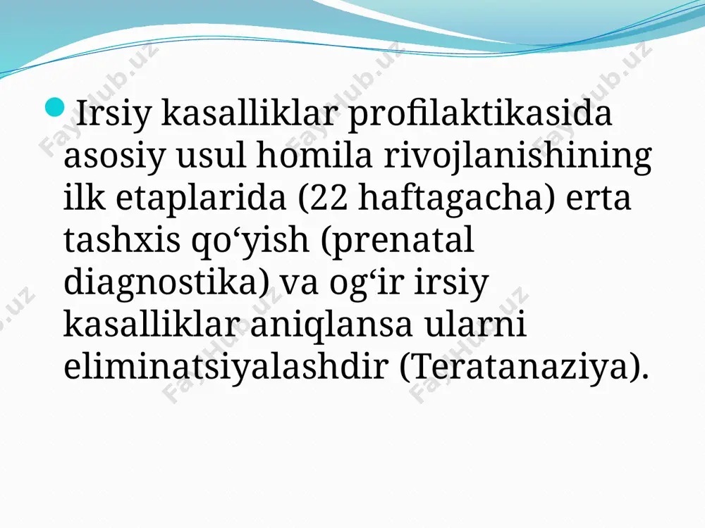 rlik qanday yakunlanganligi va qo‘yilgan tashxisdagi xatolarning statistik tahlillarini amalga oshirib borishlari lozim. prenatal diagnostika usullari quyidagi 3 ta guruhga bo’linadi: 1. skrining 2. noinvaziv 3. invaziv skrining skrining(inglizcha screen-elakdan o‘tkazish, tanlab olish) usullari bilan irsiy yoki tug‘ma kasalliklari bo‘lgan bolani tug‘ush xatari yuqori bo‘lgan ayollar ajratib olinadi. bu usullar kam xarajat va keng qo‘llanilishi mumkin bo‘lishligi lozim. skrining usuli turlar 1. tibbiy-genetik maslahat tibbiy genetik maslahat o’tkazilish jarayonida prenatal diagnostikaga quyidagi holatlarda yo’llanma beriladi : 1. ota-onalaridan birida biokimyoviy buzilish aniqlangan autosoma-dominint kasallik bo‘lganida; 2. onaning yoshi 35dan yuqori, otaning yoshi 45dan yuqori bo‘lganida; 3. shajarada irsiy kasallik bo‘lganida; 4. populyatsiyada irsiy kasallik chastotasi yuqori bo‘lganda; tibbiy genetik maslahat o’tkazilish jarayonida prenatal diagnostikaga quyidagi holatlarda yo’llanma beriladi : 5.ota yoki onaning muolajalar va teratogenlar ta`sirida bo‘lganda ( onaning homiladorlik davrida ham) aniqlanadi;. ionlashtiruvchi nurlar, ba`zi kimyoviy moddalar va dori preparatlari, alkogol, nikotin, giyohvand moddalar, parazitlarning metabolitlari va boshqalar teratogenlar …