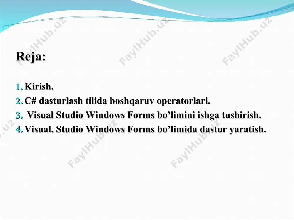 t) {operatorlar ketma-ketligi;} else {operatorlar ketma-ketligi;} using system; namespace misoluchun { class program { public static void main(string[] args) { int a=5, b=8; if (a>b) console.writeline("a katta"); else console.writeline("b katta"); console.readkey(true); } } } switch operatori bazi murakkab shart tekshirishlarda if operatori ham yaxshi samara bermaydi. ya’ni ichma ich joylashgan operatorlarni tuzgandan ko’ra switch operatori qulayroq hisoblanadi. switch operatori foydalanuvchiga dastur ishlash davomida bir necha alternative variantlardan birini tanlash imkonini beradi. switch (ifoda) { case qiymat_1: operatorlar bloki; break; case qiymat_2: operatorlar bloki; break; … default: operatorlar bloki; break; } while takrorlash operatori. bu takrorlash operatorida ham shart qismi mavjud bo`lib, u mantiqiy qiymat qabul qiladi. while (shart) operator; bu yerda shart mantiqiy ifoda bo’lib true va false qiymatlardan birini qabul qiladi. agar true qiymat qabul qilsa takrorlash davom etadi, aks holda takrorlanish tugatiladi va keying operatorga o’tiladi. while (shart) { operatorlar bloki; } do … while ham takrorlash operatori …