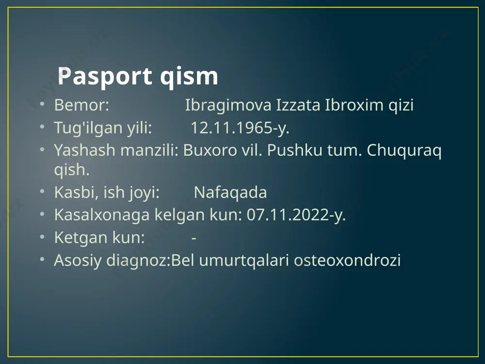 i rangda nam, tili toza va nam, ko'rinadigan shilliq qavatlari och pushti rangda toza, periferik limfa tugunlari kattalashmagan. suyak-bo'g'im sistemasi deformatsiyasiz. gavdasi normostenik. o'pkasida vezikulyar nafas, nos-17ta/min. yurak tonlari bo'g'iq, puls-78ta/min, ritmik a/b- 120/80mm.sim.ust. qorni yumshoq, og'riqsiz, jigar va taloq paypaslanmaydi. ich kelishi va diurez regulyar. nafas olish sistemasi nafas olish burni orqali ravon, nafas harakatlari ko'krak tipida, ko'krak qafasi simmetrik, silindrik. gavdasi normostenik. ko'krak qafasi palpatsiyada ovoz dirillashi va ko'krak qafasi rigidligi normada, perkussiyada aniq o'pka tovushi, o'pka chegaralari normada auskultatsiyada vezikulyar nafas nafas olish soni-17 ta/min. o'pka chegaralari o'ng chap lin. clavicularis 6 - lin. axillaris anterior 7 7 lin. axillaris media 8 8 lin. axillaris posterior 9 9 lin. scapularis 10 10 lin. paravertebralis 11 11 yurak-qon tomir sistemasi shikoyati yo'q. yurak chegaralari normada, yuqori chegarasi chapdan to'sh qirrasi bo'ylab 3qovurg'aga, chap lin. clavicularis sinistradan 1sm tashqarida, o'ng chegarasi to'sh qirrasidan 1sm ichkarida. perkussiyada yurak maydoni sohasida …