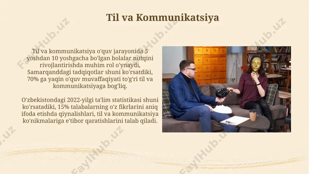 mmunikatsiya" fanidan 2023-yilda 300 dan ortiq talaba o'qigan. samarqand shahrida oʻtkazilgan 2022-yilgi xalqaro konferensiyada "ta'lim texnologiyalari va kommunikatsiya" sohasidagi 15 dan ortiq yangi pedagogik yondashuvlar muhokama qilingan. sinf xonasi muhiti va o’zaro ta’sir o'zbekiston maktablarida 10 yoshgacha bo'lgan bolalar uchun tasviriy materiallarni qo'llashda ranglar psixologiyasi (masalan, qizil rangning diqqatni jalb qilishdagi roli) muhim ahamiyat kasb etadi. andijon viloyatida o'tkazilgan tadqiqotlar shuni ko'rsatdiki, guruhdagi o'quvchilar soni (20 dan ortiq bo'lganda) o'zaro ta'sir samaradorligini 15% ga pasaytiradi. o’quvchining kognitiv jarayonlari o'quvchilarning muammo yechish qobiliyatini rivojlantirishda, algoritmik va evristik usullarning birgalikda qo'llanilishi, toshkentdagi ta'lim muassasalarida 30% ga yaqin o'quvchilarning natijalarini yaxshilashga yordam bergan. o'quv jarayonida o'quvchining e'tiborini jalb qilish uchun, 20 minutdan ortiq davom etadigan darslarda 5-7 minutlik tanaffuslar kiritish andijon shahridagi maktablarda samarali deb hisoblanadi. ta’limda nonverbal kommunikatsiya noverbal kommunikatsiya, masalan, ko‘z kontakti 7-sinf o‘quvchilarida diqqatni 15% ga oshirishga yordam beradi, degan tadqiqot natijalari toshkent shahridagi pedagogika universiteti tomonidan o‘tkazilgan. o‘zbekiston maktablari …