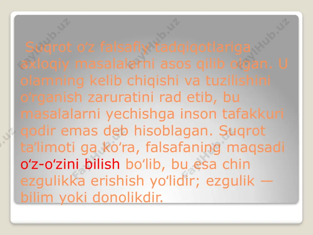 xitob qilishi kerak oz narsaga qanoat qilgan odam davlatmanttdir,negaki oz narsaga qanoat uning manaviy boyligidan dalolat odob-ko'rkamlik isrofgarchilik esa oliftalik belgisidir egasi faxrlanadigan qanchadan qancha bashang poyabzallar ichida yirtiq paypoqlar bor kiyinishda oliftalikdan qochib yoqimtoy bo'lishga uruning go'zallik-bu qisqa muddat hukmronlik qiladigan qirolichadir buyuk yunon faylasufi aflotun (mil. avv. 427–347) suqrotning shogirdi va izdoshi bo‘lgan. aflotun o‘zining falsafiy qarashlarini “suqrot apalogiyasi”, “bazm”, ”parmenid” singari dialoglari hamda, “davlat”, “qonunlar” kabi traktatlarida bayon qilib bergan. g‘oyalar haqidagi qarashlar mutafakkir ta’limotining asosini tashkil qiladi. suqrot platon va ksenofont kabi yirik olim va mualliflarning ustozi. u afinada tavallud topgan. suqrotning hayoti va g‘oyatda go‘zal fikrlari ilm-fanga uning o‘quvchisi platonning xotiralari orqali ma’lum bo‘lgan. platonning ma’lum qilishicha, kalta, pakana bo‘yli, yirik va yapaloq burun, bo‘rtib chiqqan ko‘zli suqrot notiqligi, dono va munozaralardagi mulohazakorligi bilan barchani o‘ziga maftun qila olgan. mashhur fikrlari: ko‘p hollarda kuchli ehtiyoj cheksiz nafratning sababchisi bo‘ladi. *** bizga tuhfa qilingan ikki ko‘z, …