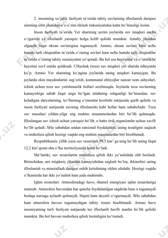 shi natijasida dengiz hamda okeanlardagi suvning ko’tarilishi yoki pasayishi jarayonida hosil bo’ladigan energiyalar, olam fazosidagi yer sirtiga keladigan turli xil nurlar, meteorit oqimlar kiradi. tabiat o’ziga ta’sir etmaydigan tabiiy omillarga bardosh berib, ularning ifloslanishidan o’z-o’zini himoya qilib turadi. 2. tabiiy resurslarni o’rganishda va ulardan foydalanishda fanning roli inson foydalanadigan tabiiy resurslar tayyor holda bo’lmay balki uni inson tabiatdan oladi. buning uchun inson ularning holatini, xossalarini, olish usullarini va ishlab chiqarishda foydalanish yo’llarini bilishi kerak. buning uchun ma’lum malaka va o’quvga ega bo’lishi zarur. faqat fan kishilarga, tabiat kuchlari ustidan hukmronlik o’rnatish vositalari va usullarini berish mumkin. bu haqda ingliz olimi j.bernal o’zining “jamiyat tarihida fan” nomli asarida fanning tabiat kuchlarini yengishdagi muhim rolini xarakterlab “tabiatni tubdan o’zgartirmoq uchun fandan maksimal foydalanish kerak” degan edi. tabiat boyliklaridan foydalanishda, fan inson uchun asosiy “kompas” vazifasini o’taydi. eng avvalo fan kishilarga: 1. tabiat haqida haqiqiy bilimni berish; 2. tabiat bilan muomala qilishning forma …