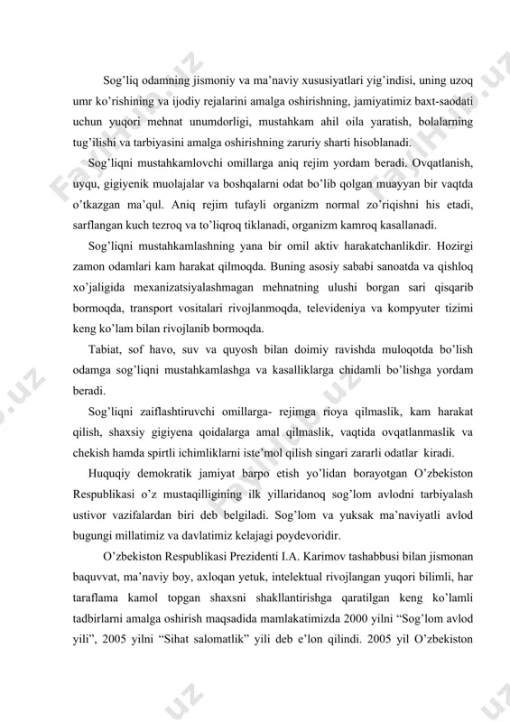 igining ilk yillaridanoq sog’lom avlodni tarbiyalash ustivor vazifalardan biri deb belgiladi. sog’lom va yuksak ma’naviyatli avlod bugungi millatimiz va davlatimiz kelajagi poydevoridir. o’zbekiston respublikasi prezidenti i.a. karimov tashabbusi bilan jismonan baquvvat, ma’naviy boy, axloqan yetuk, intelektual rivojlangan yuqori bilimli, har taraflama kamol topgan shaxsni shakllantirishga qaratilgan keng ko’lamli tadbirlarni amalga oshirish maqsadida mamlakatimizda 2000 yilni “sog’lom avlod yili”, 2005 yilni “sihat salomatlik” yili deb e’lon qilindi. 2005 yil o’zbekiston respublikasi vazirlar mahkamasining 30- sonli qarori bilan “sihat salomatlik yili davlat dasturi” ni e’lon qildi. o’zbekiston respublikasi oliy va o’rta maxsus ta’lim vazirligi tomonidan “sihat salomatlik yili davlat dasturi” ni hayotga tadbiq e’tilishi va ijrosi yuzasidan zarur chora-tadbirlar rejalashtildi. ushbu chora-tadbiralar qatorida ustivor ahamiyatga ega bo’lgan tadbirlardan biri jismoniy tarbiya institutida, universitetlar va pedagogika institutlarining jismoniy tarbiya fakultetlarida joriy yilning sentyabr oyidan “valeologiya asoslari” fanini kiritish rejalashtirildi. ushbu fanni “boshlang’ich ta’lim va sport tarbiyaviy ish”, “maktabgacha ta’lim va bolalar sporti” yo’nalishlariga …
